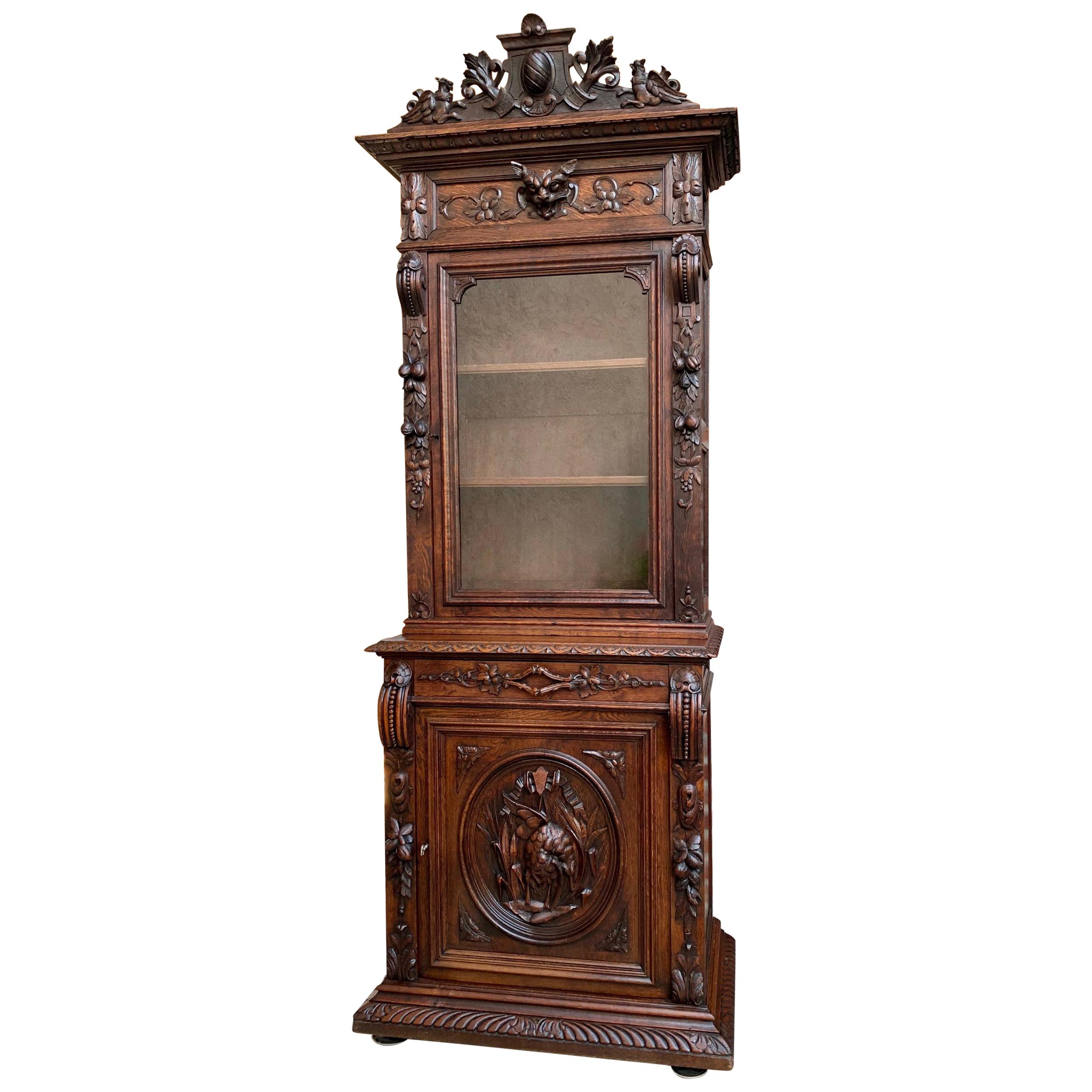 19th Century French Hunt Cabinet Bookcase Black Forest Carved Oak Glass Display