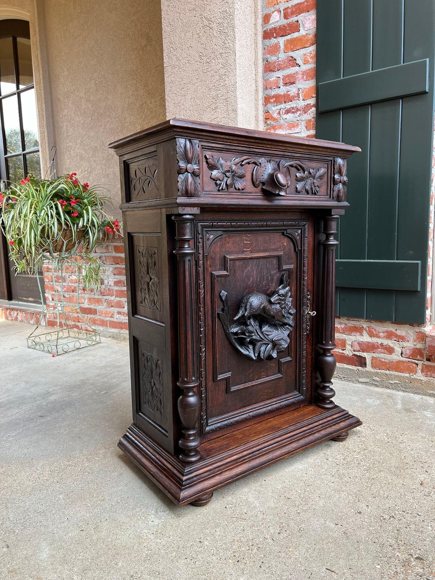 French Provincial 19th Century French Hunt Cabinet Carved Oak Black Forest Lodge Foyer Sideboard For Sale