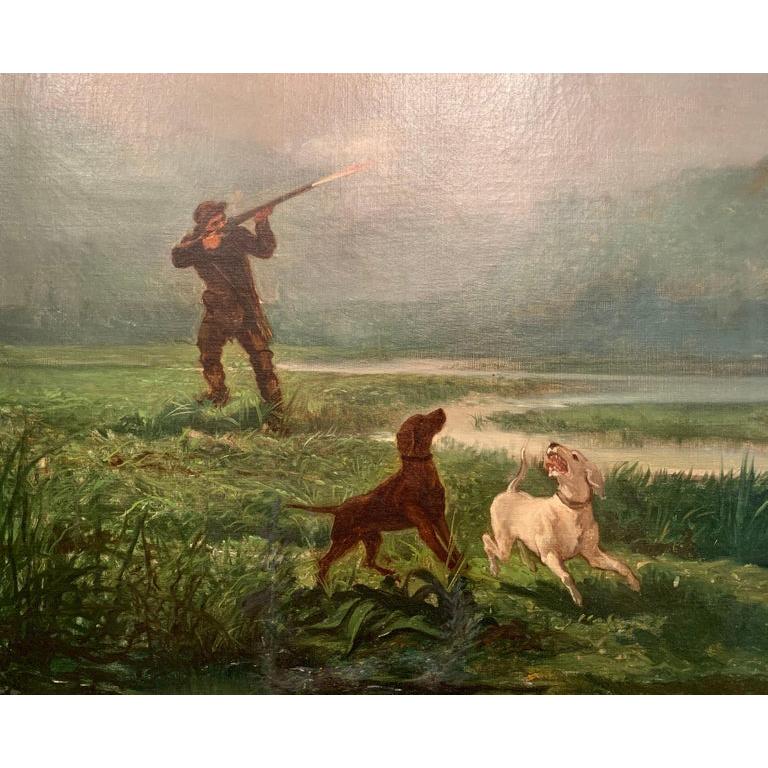 This oil on canvas illustrates a hunting scene with a hunter and his dogs pursuing a bird. Set in a carved walnut frame with gilt accents, the countryside composition was painted in France circa 1880. The scene shows a hunter shooting at birds with