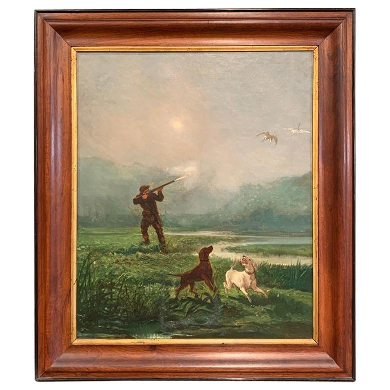19th Century French Hunter and Dogs Oil on Canvas Painting in Walnut Frame