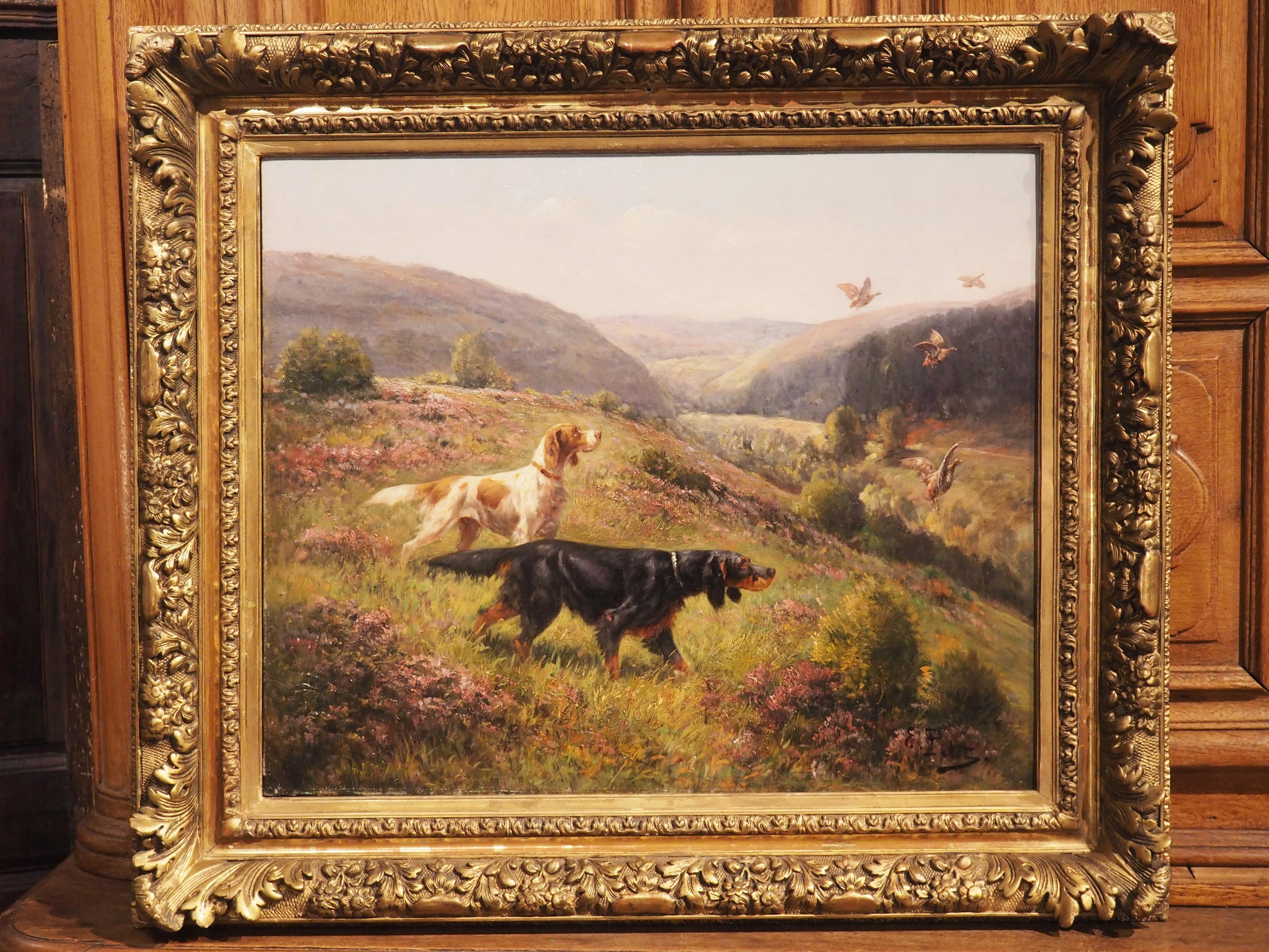 Gilt 19th Century French Hunting Dog Painting by Petit