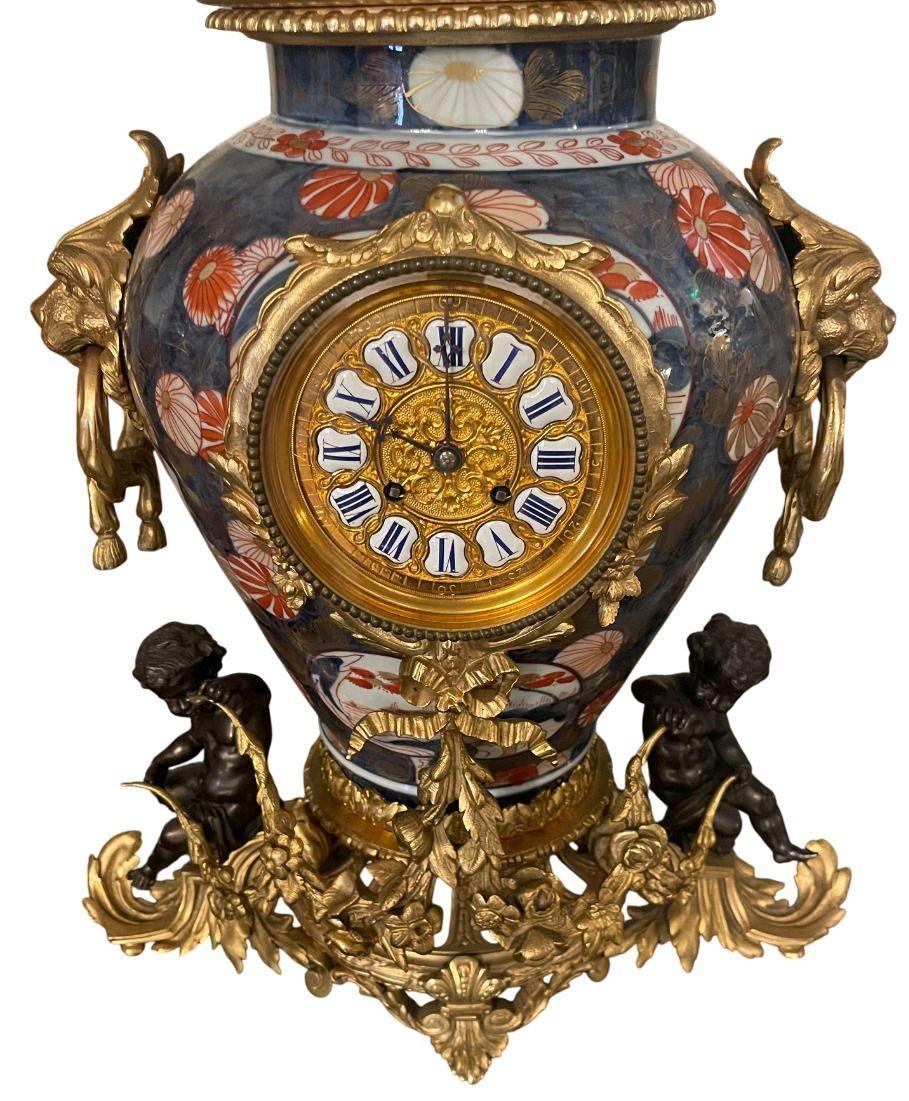 19th Century French Imari Porcelain & Patinated Bronze Garniture Clock Set For Sale 1