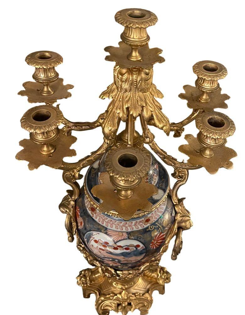 19th Century French Imari Porcelain & Patinated Bronze Garniture Clock Set For Sale 4
