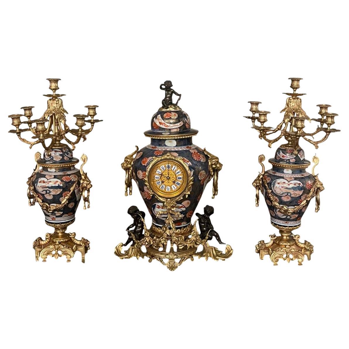 19th Century French Imari Porcelain & Patinated Bronze Garniture Clock Set