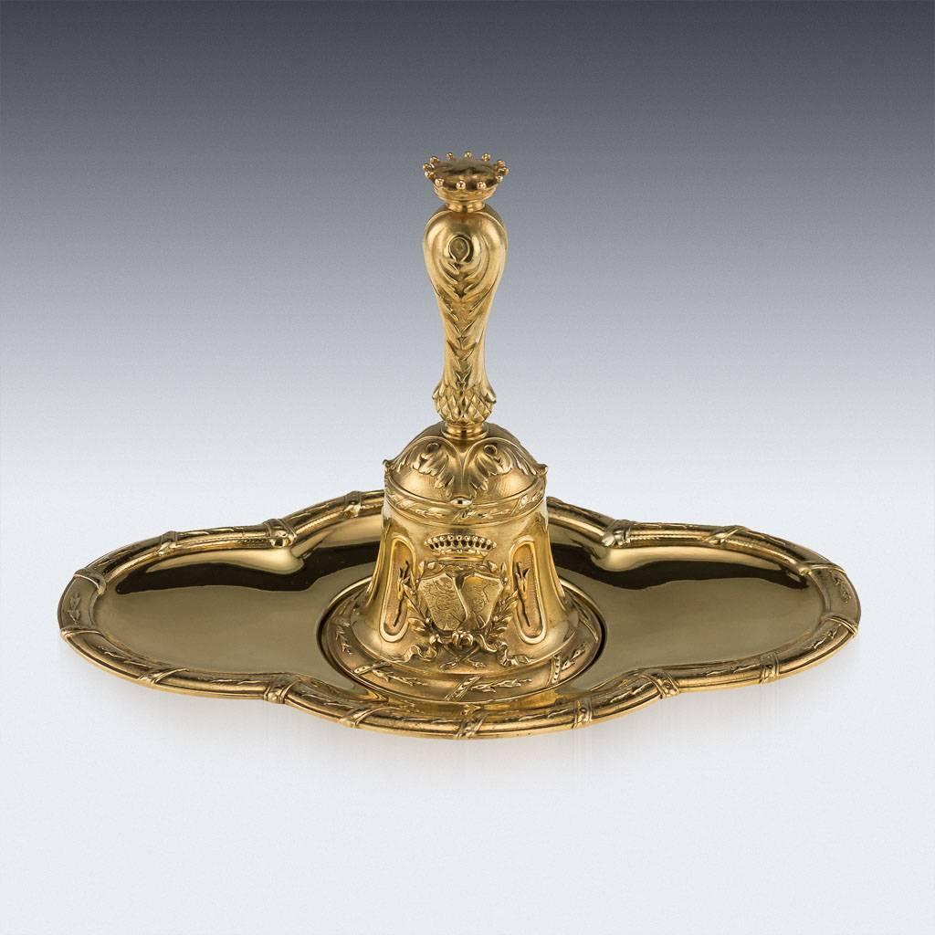 Antique 19th century French important solid silver-gilt dinner bell on stand. Made on commission, by undoubtedly two very important French noble families to celebrate the joining of two households in marriage. The domed bell cast with a crowned two