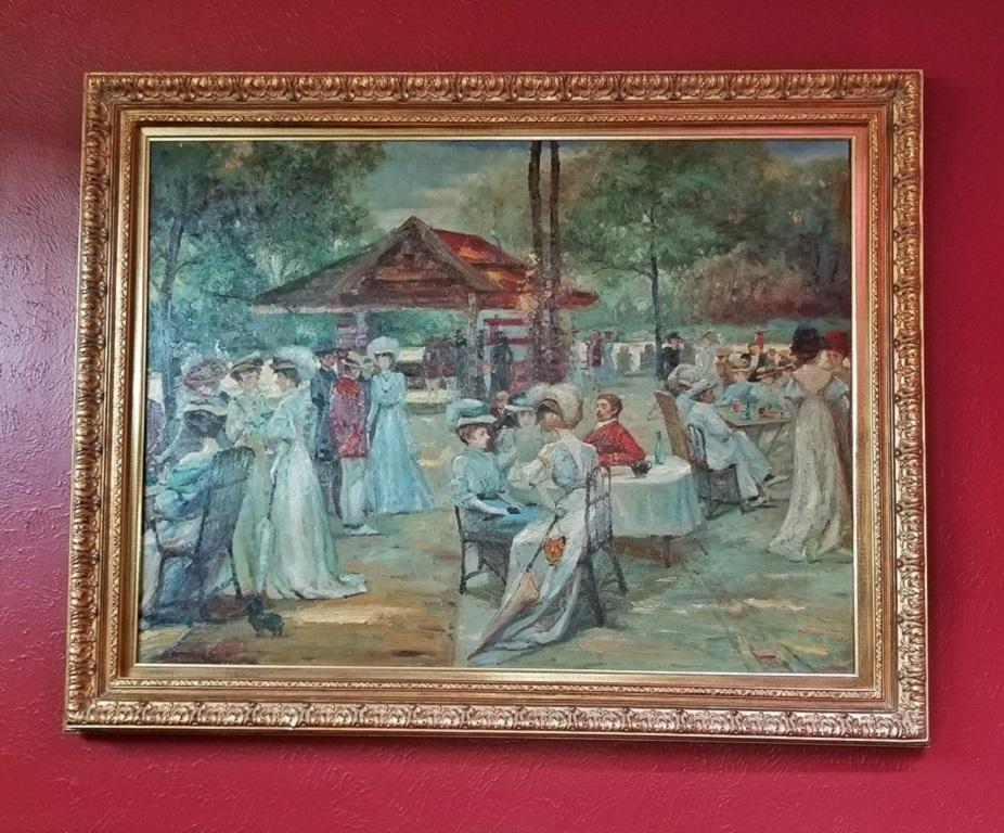 Français Huile sur toile impressionniste française du 19ème siècle représentant une scène de pique-nique