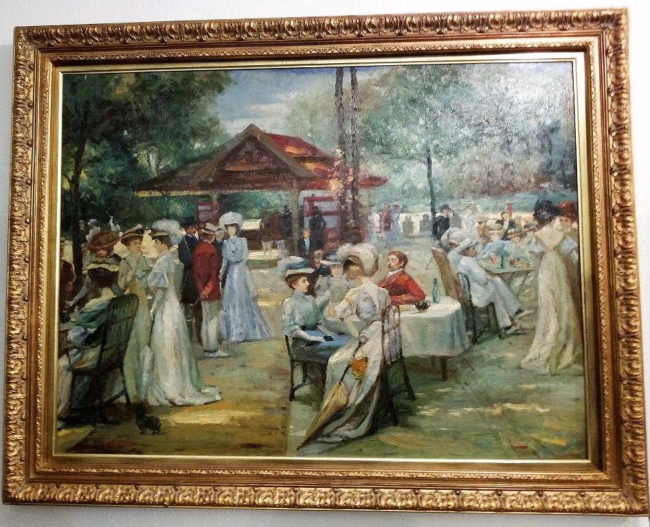 Hand-Crafted 19th Century French Impressionist Oil on Canvas of Picnic Scene