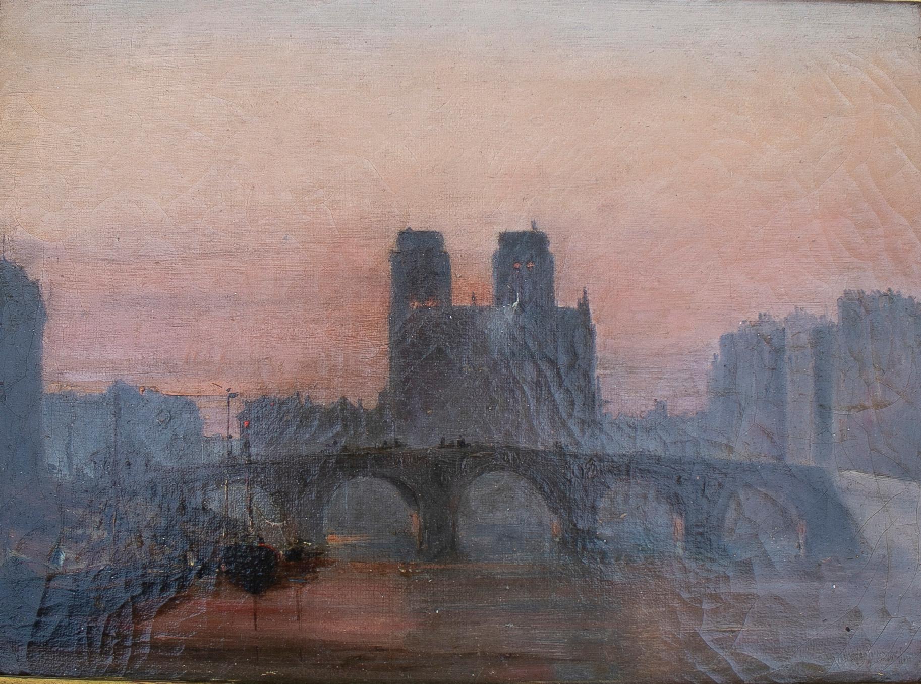 Peinture originale d'un paysage parisien impressionniste français du 19ème siècle, avec la rivière Senna et Notre Dame.

Dimensions avec cadre : 47 x 38 x 5 cm.