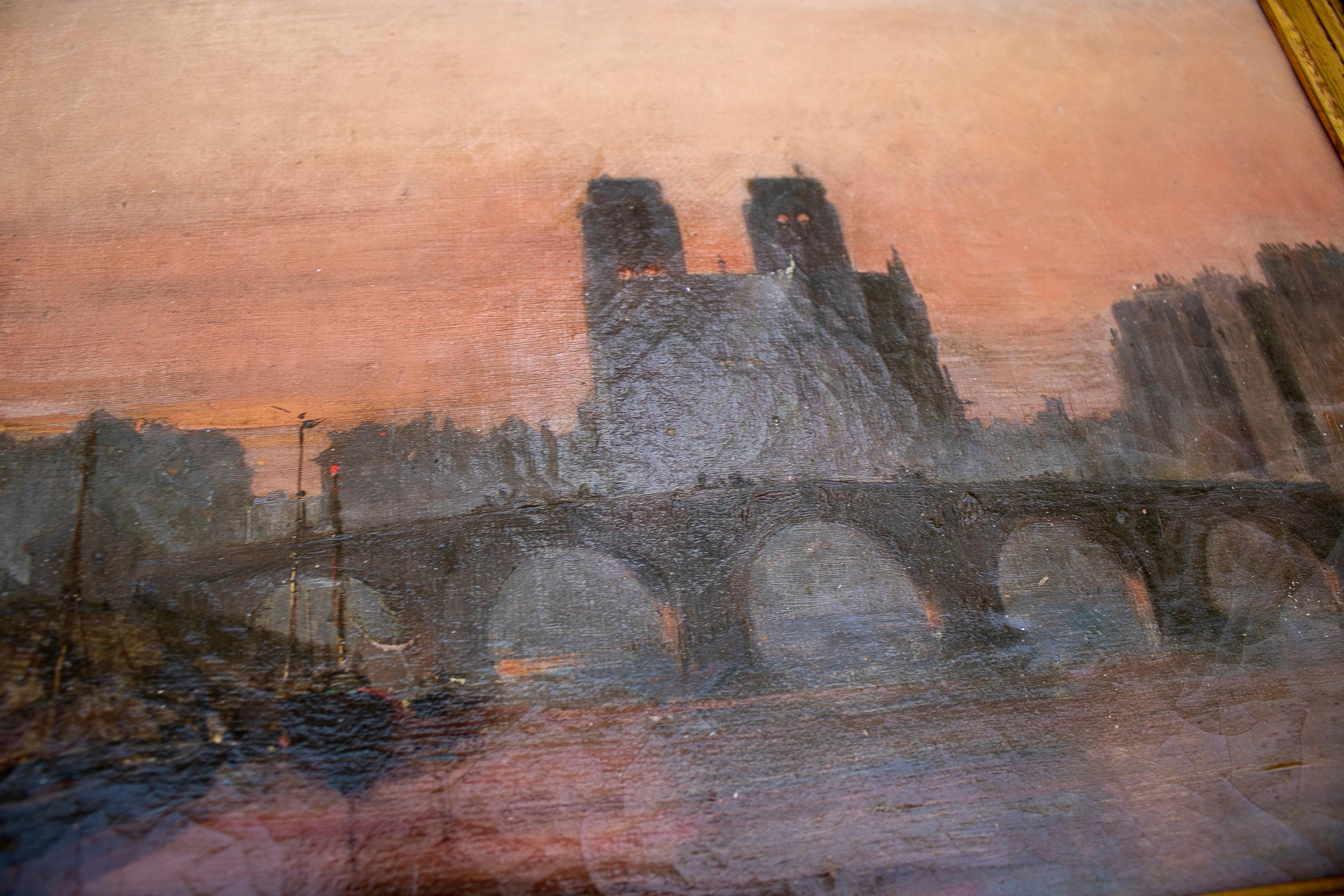 Hand-Painted 19th Century French Impressionist Paris Landscape of Notre Dame on The Senna For Sale