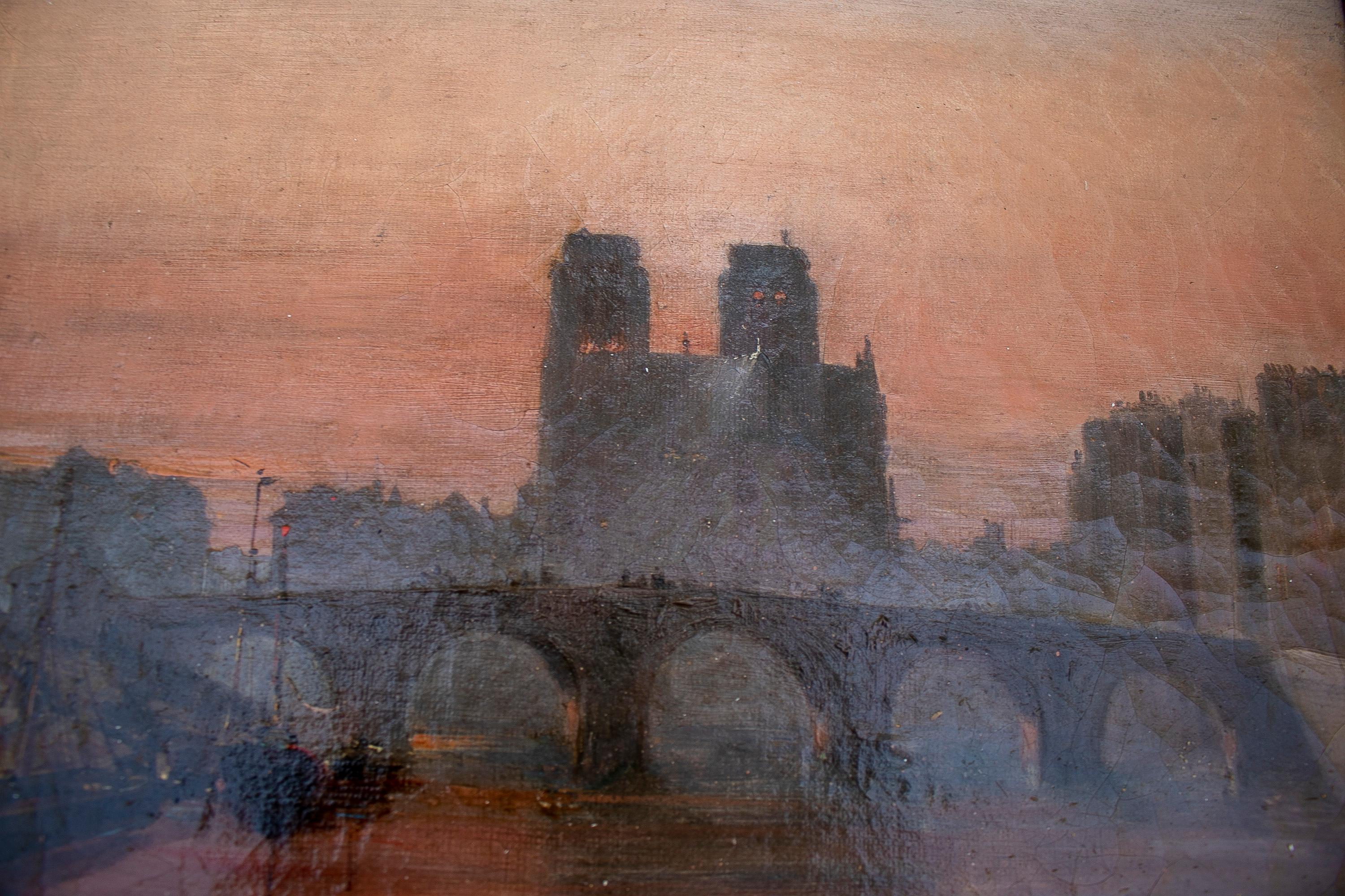 Paysage impressionniste français du 19ème siècle de Paris de Notre Dame sur le Senna Bon état - En vente à Marbella, ES