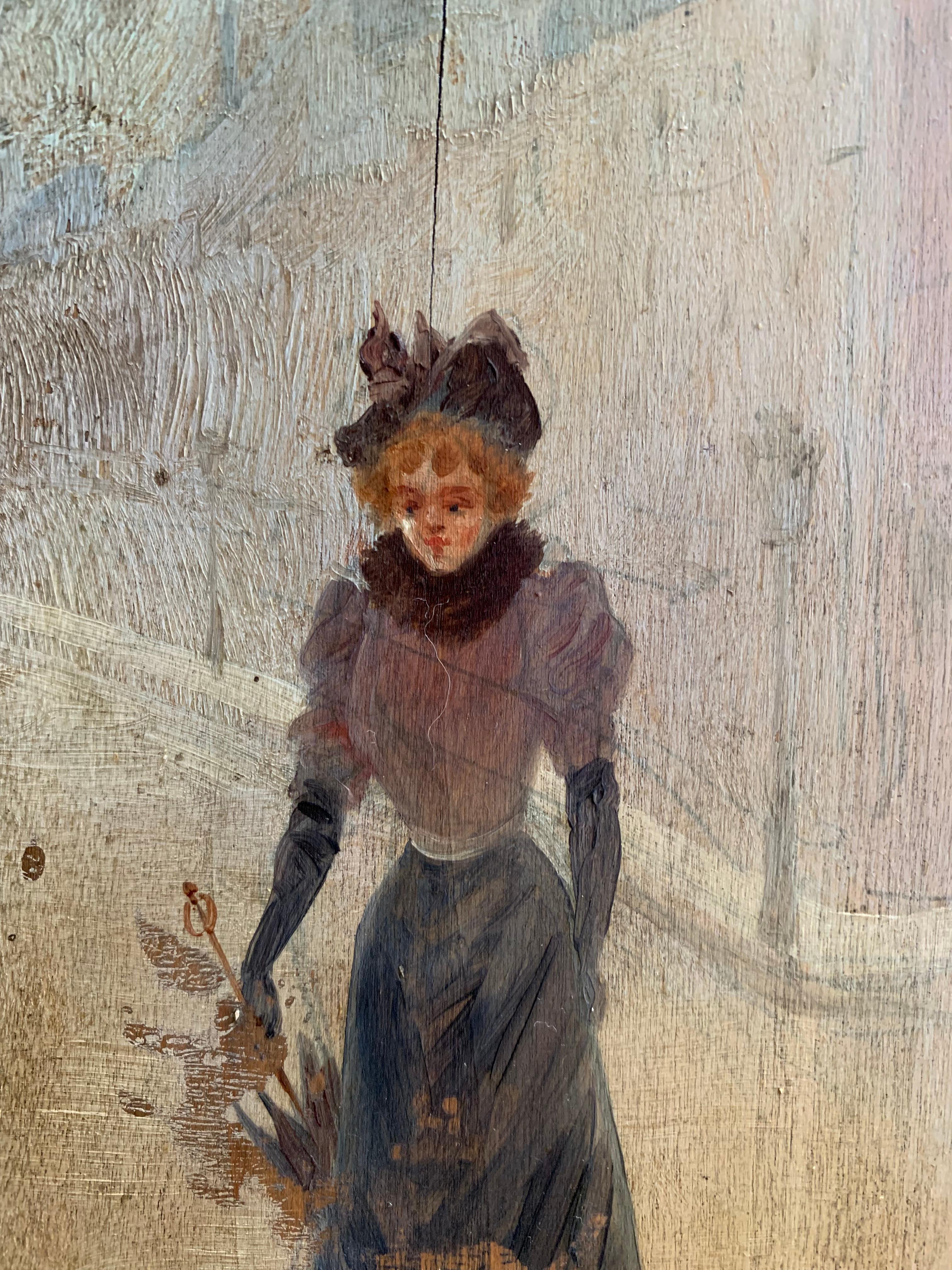 A late 19th century small French impressionistic oil painting on wooden panel representing a Parisian girl by a Café after a rain. This 