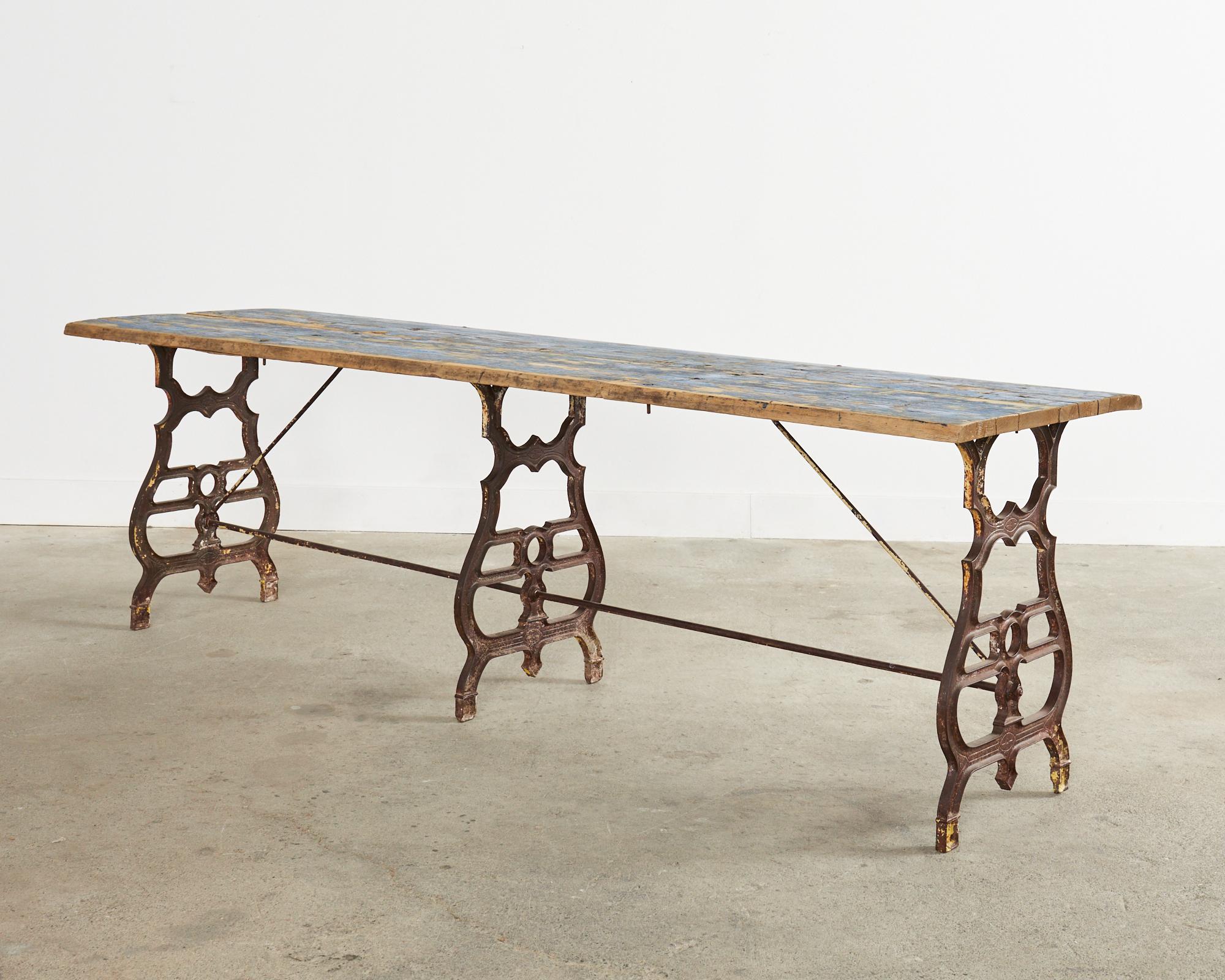 19th Century French Industrial Style Pine Iron Dining Table For Sale 9