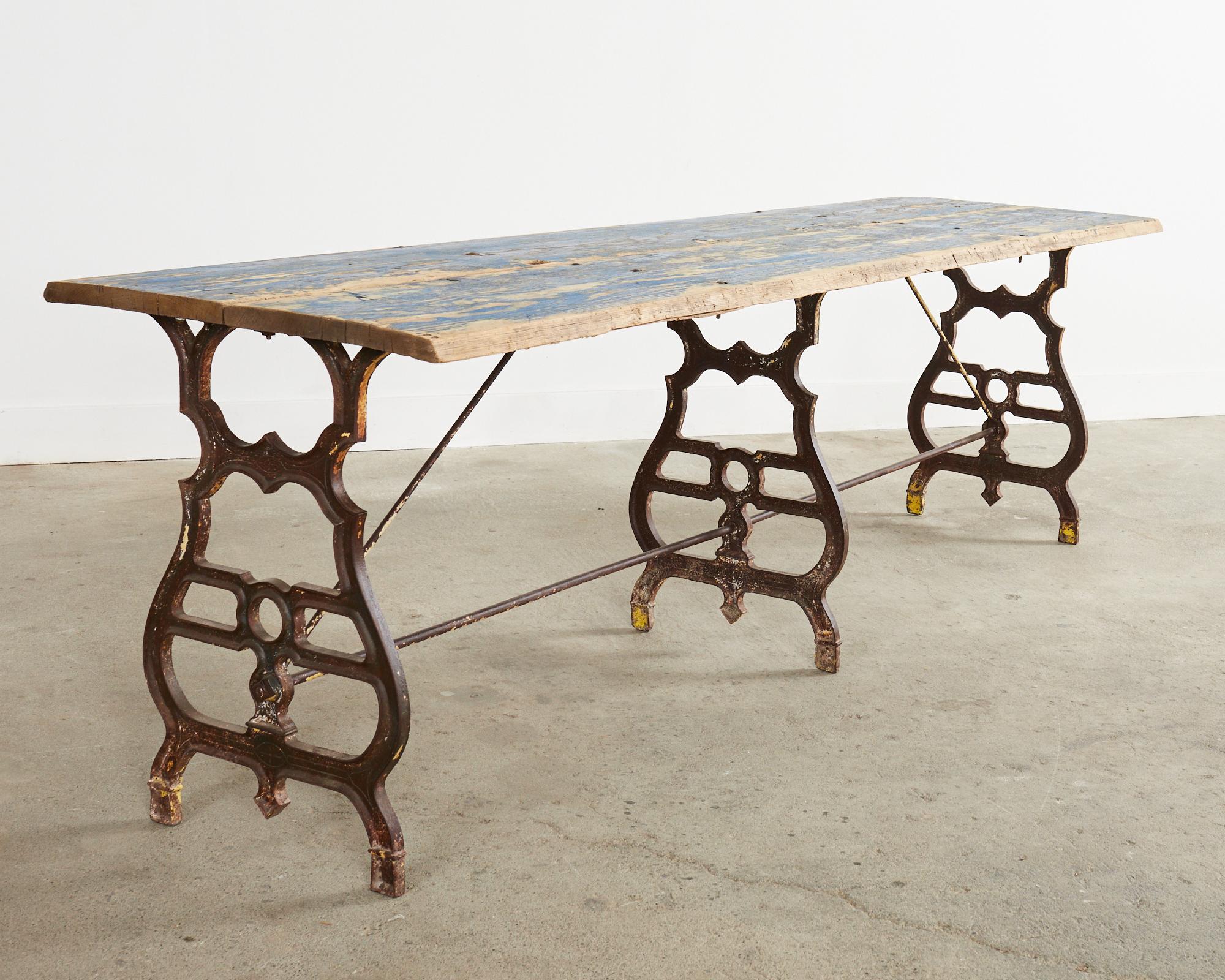 19th Century French Industrial Style Pine Iron Dining Table For Sale 11