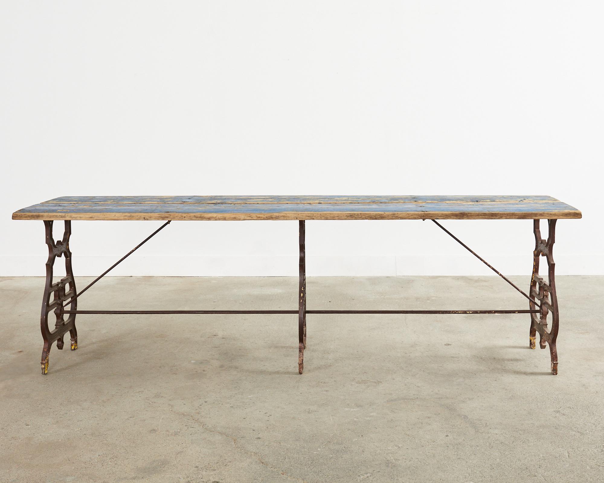 19th Century French Industrial Style Pine Iron Dining Table For Sale 16