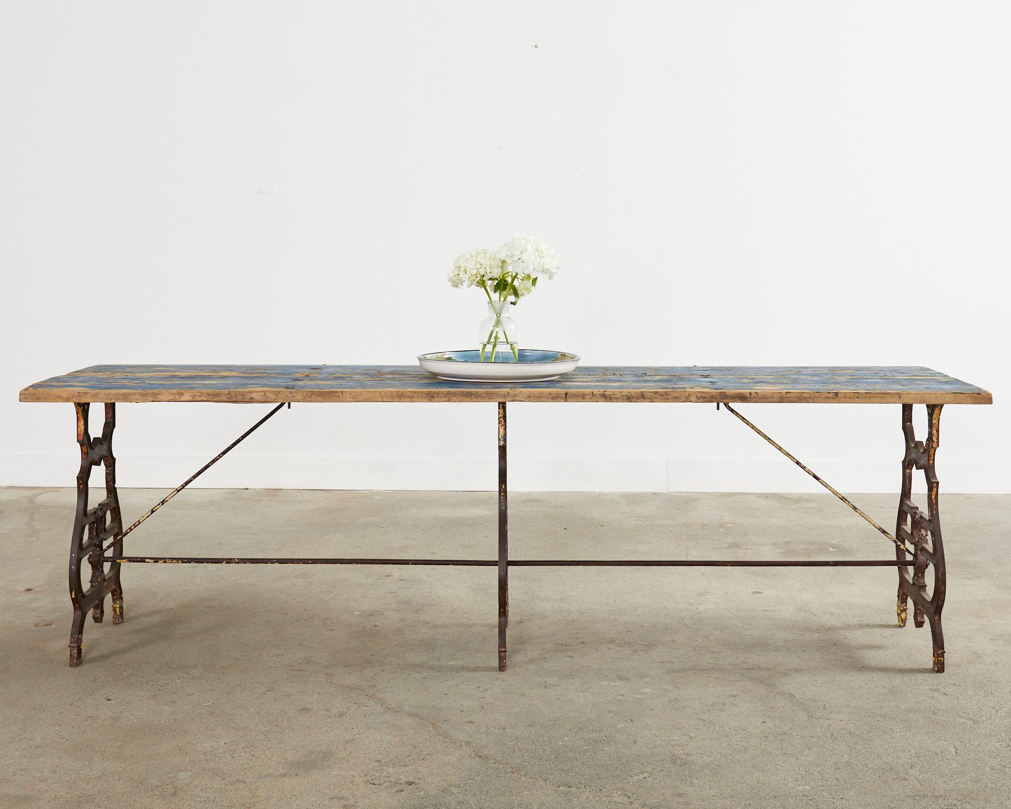 Painted 19th Century French Industrial Style Pine Iron Dining Table For Sale