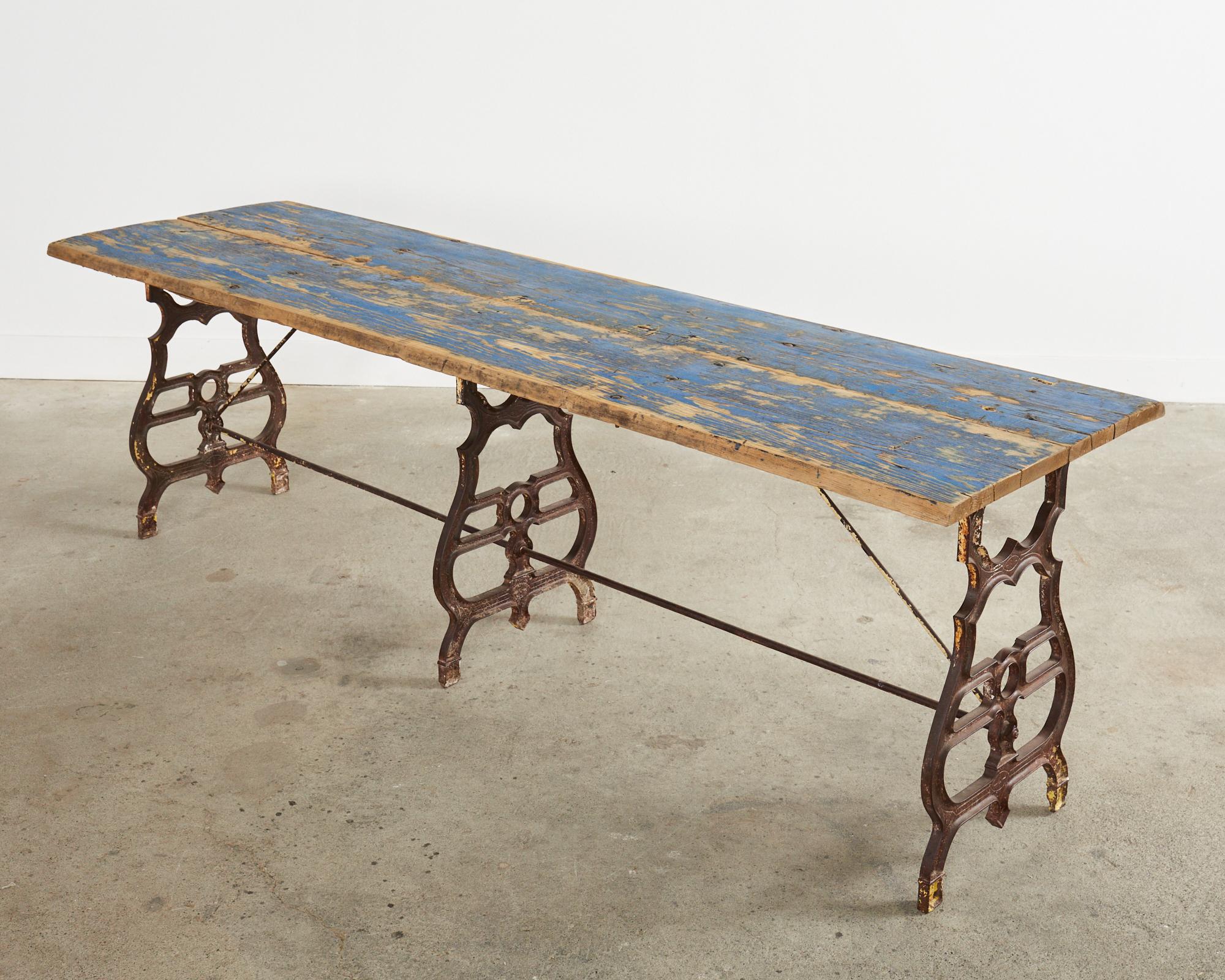 19th Century French Industrial Style Pine Iron Dining Table In Distressed Condition For Sale In Rio Vista, CA