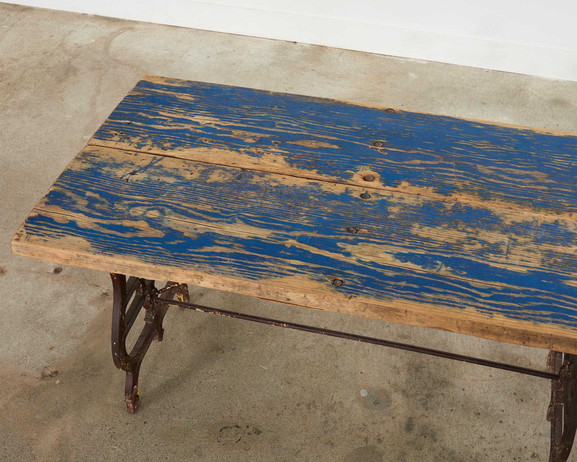 19th Century French Industrial Style Pine Iron Dining Table For Sale 1