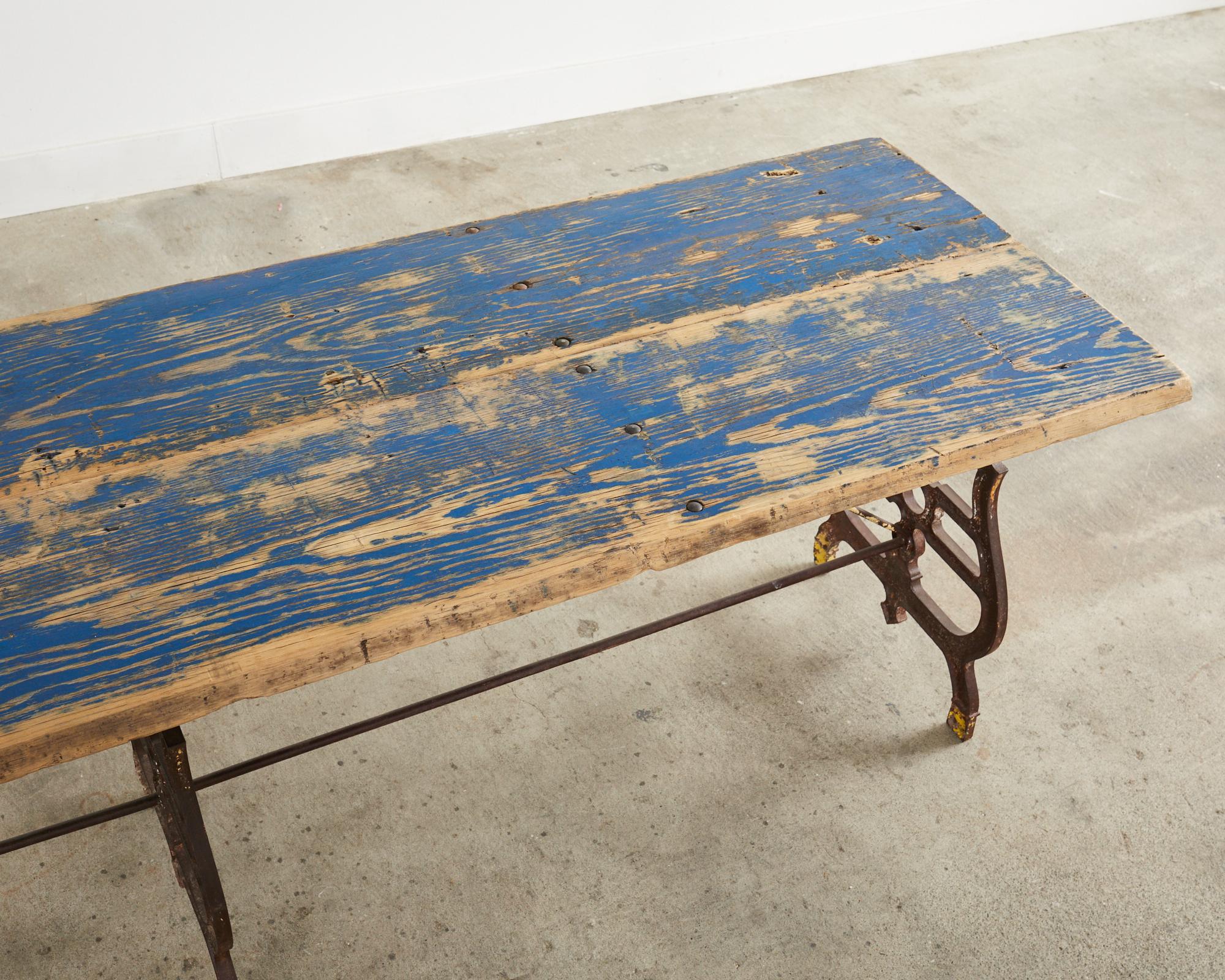 19th Century French Industrial Style Pine Iron Dining Table For Sale 2