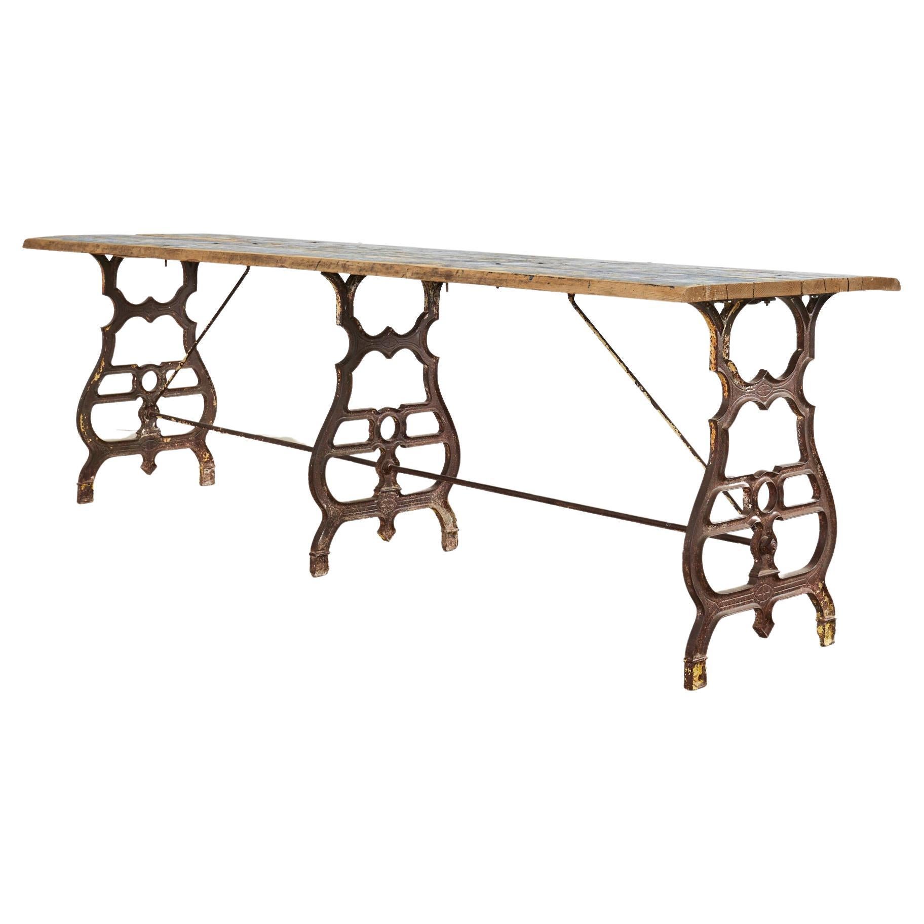 19th Century French Industrial Style Pine Iron Dining Table For Sale