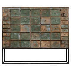 19th Century French Industrial Wood Patinated Apothecary Cabinet on Metal Base