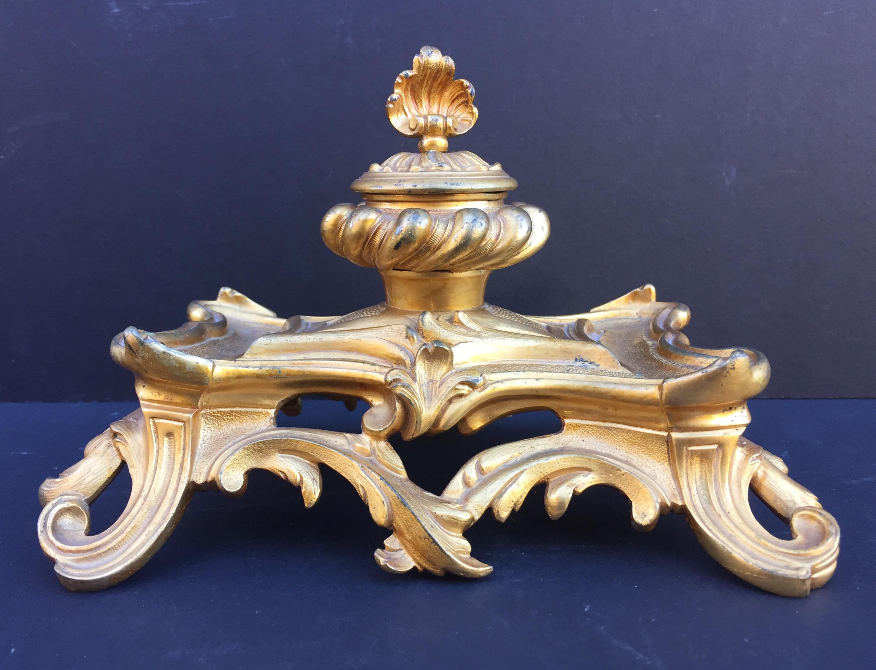 Gilt 19th Century French Inkwell Bronze Louis XV Style Dore Encrier Desk Set