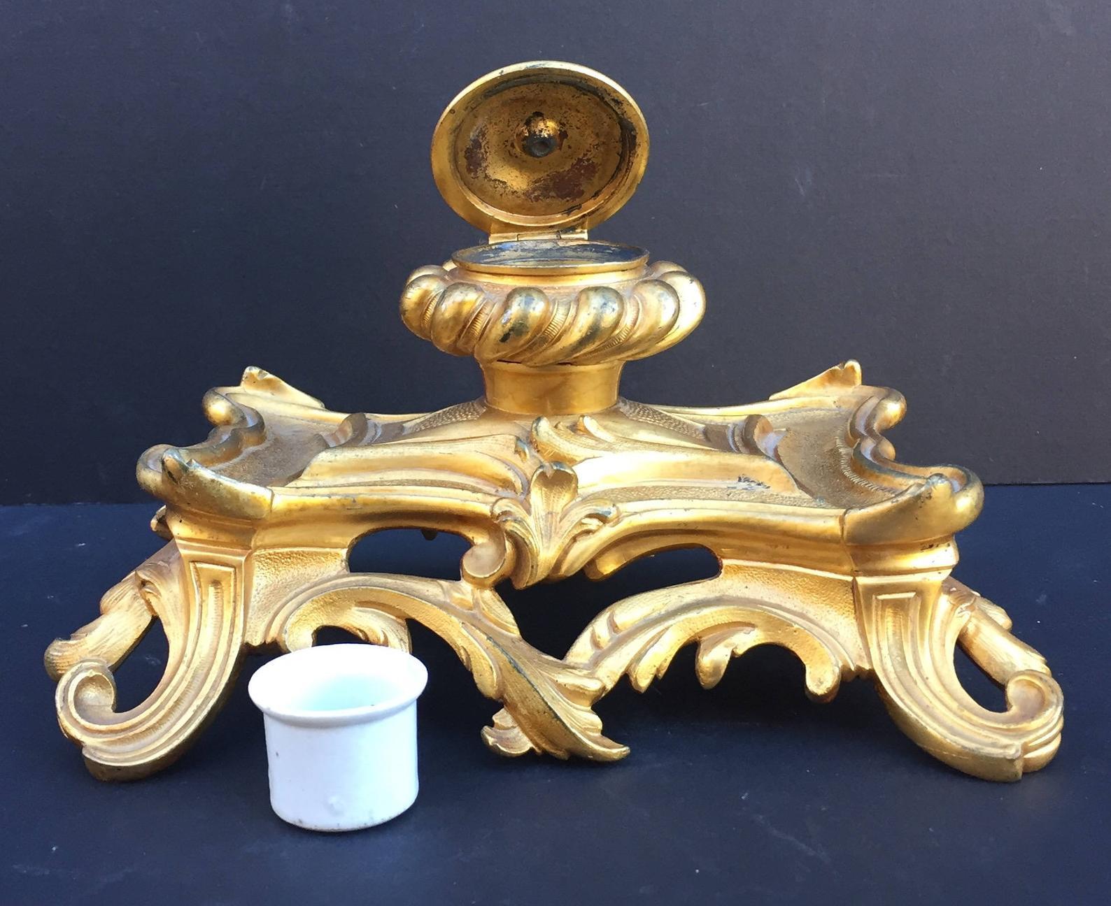 19th Century French Inkwell Bronze Louis XV Style Dore Encrier Desk Set In Good Condition In Vero Beach, FL