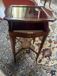 19th Century French Inlaid Hand Carved Vitrine Table with Glass Top