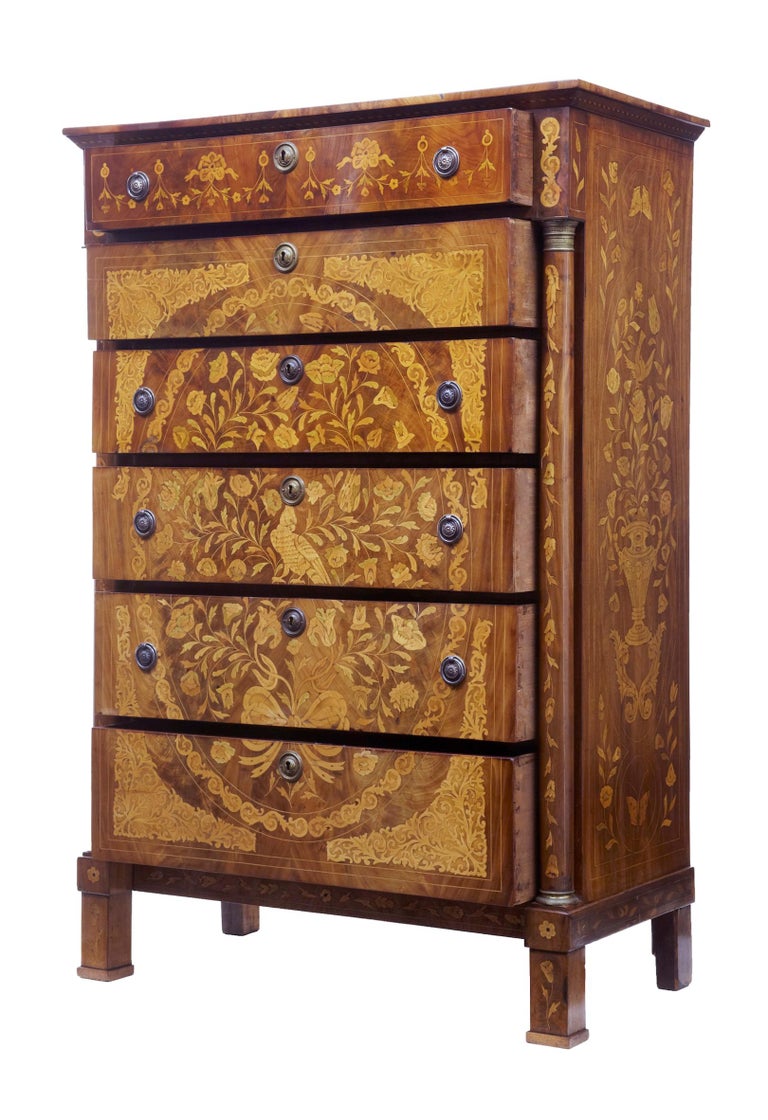 19th century French inlaid mahogany 6-drawer inlaid chest, circa 1830.

Early 19th century inlaid french mahogany 6-drawer chest with inlaid turned columns. Profusely inlaid on all surfaces with foliage, birds and butterflies. Later handles, as