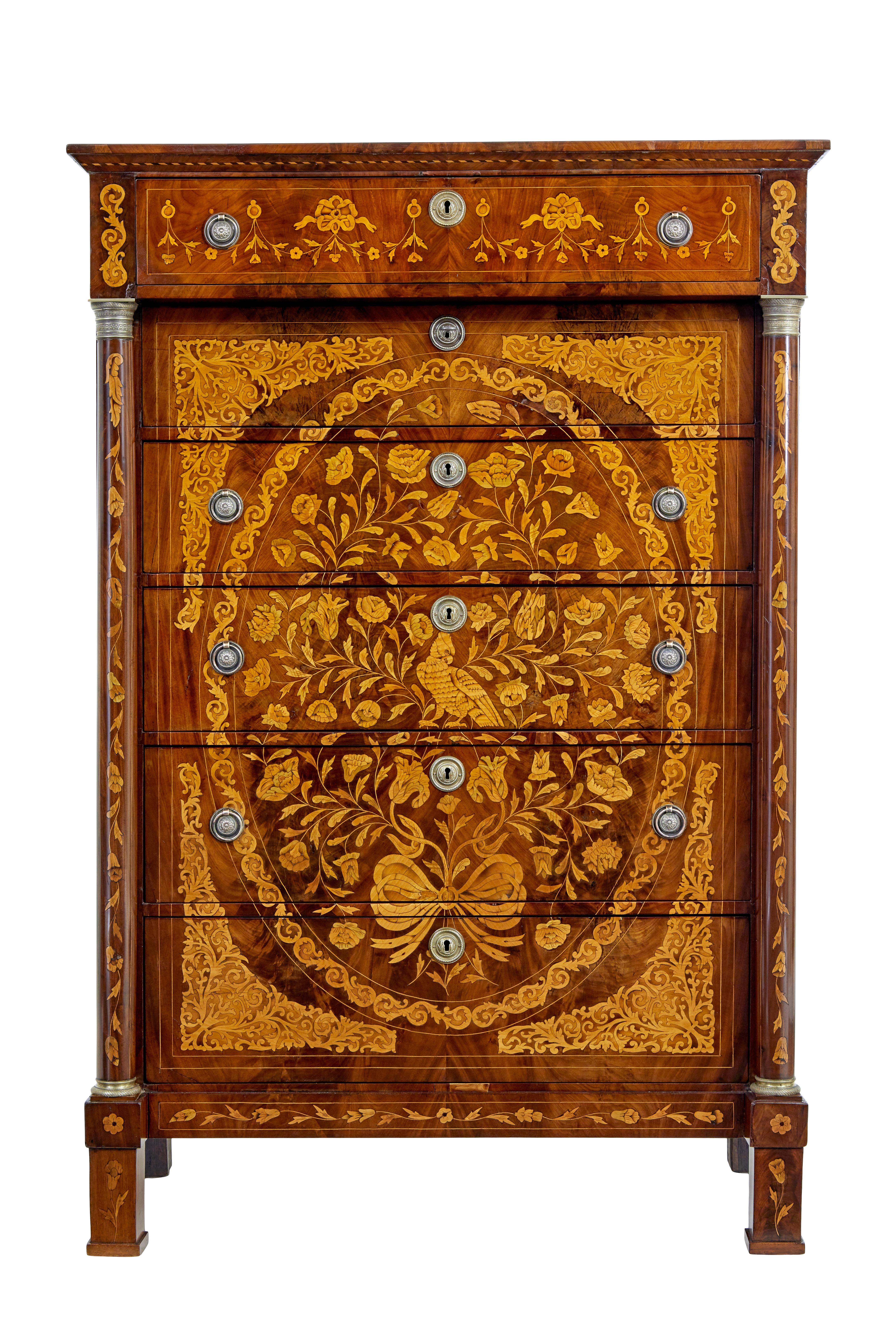 Mahogany 19th Century French inlaid mahogany 6 drawer inlaid chest For Sale