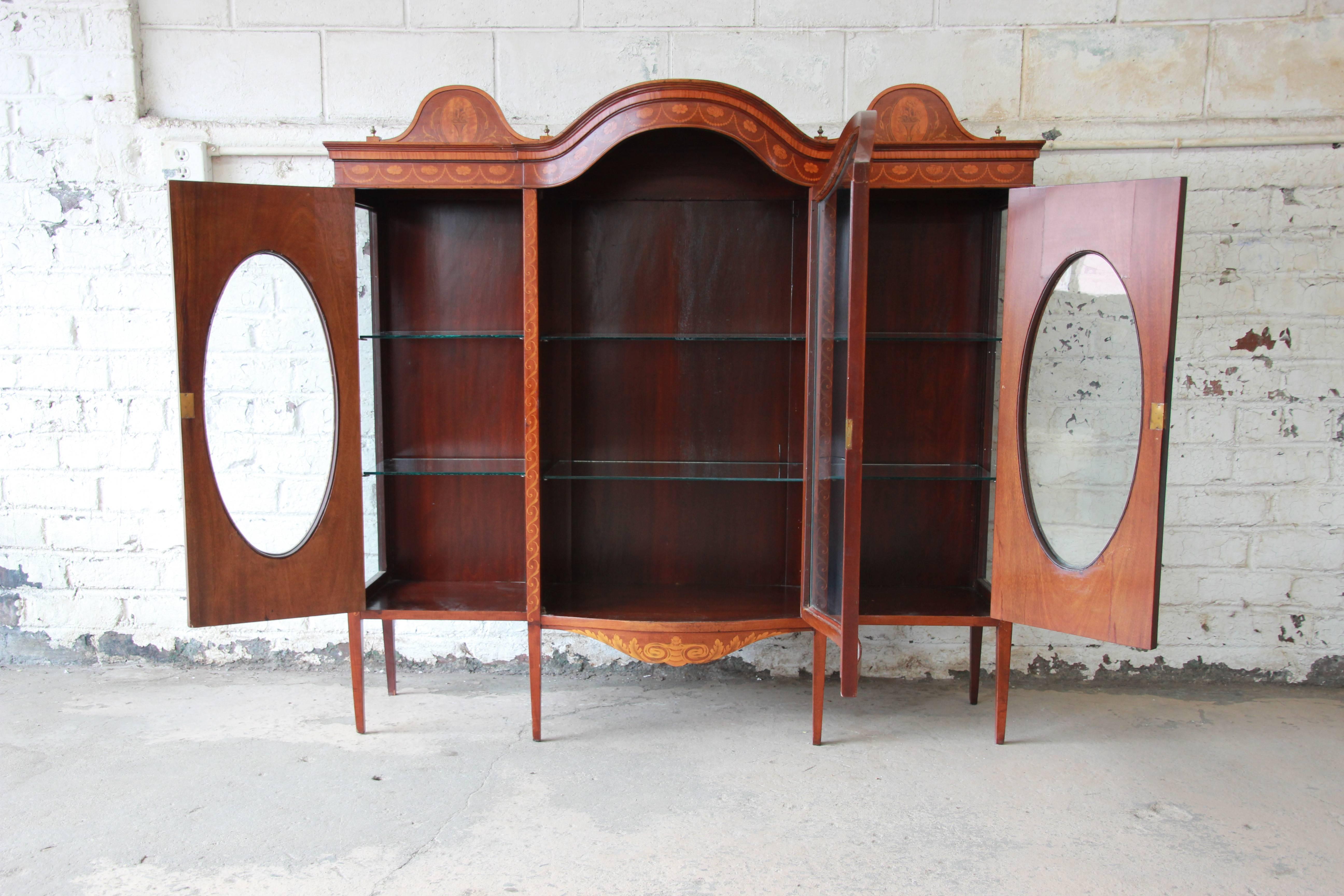 Louis XVI 19th Century French Inlaid Mahogany Glass Front Bookcase or Display Cabinet