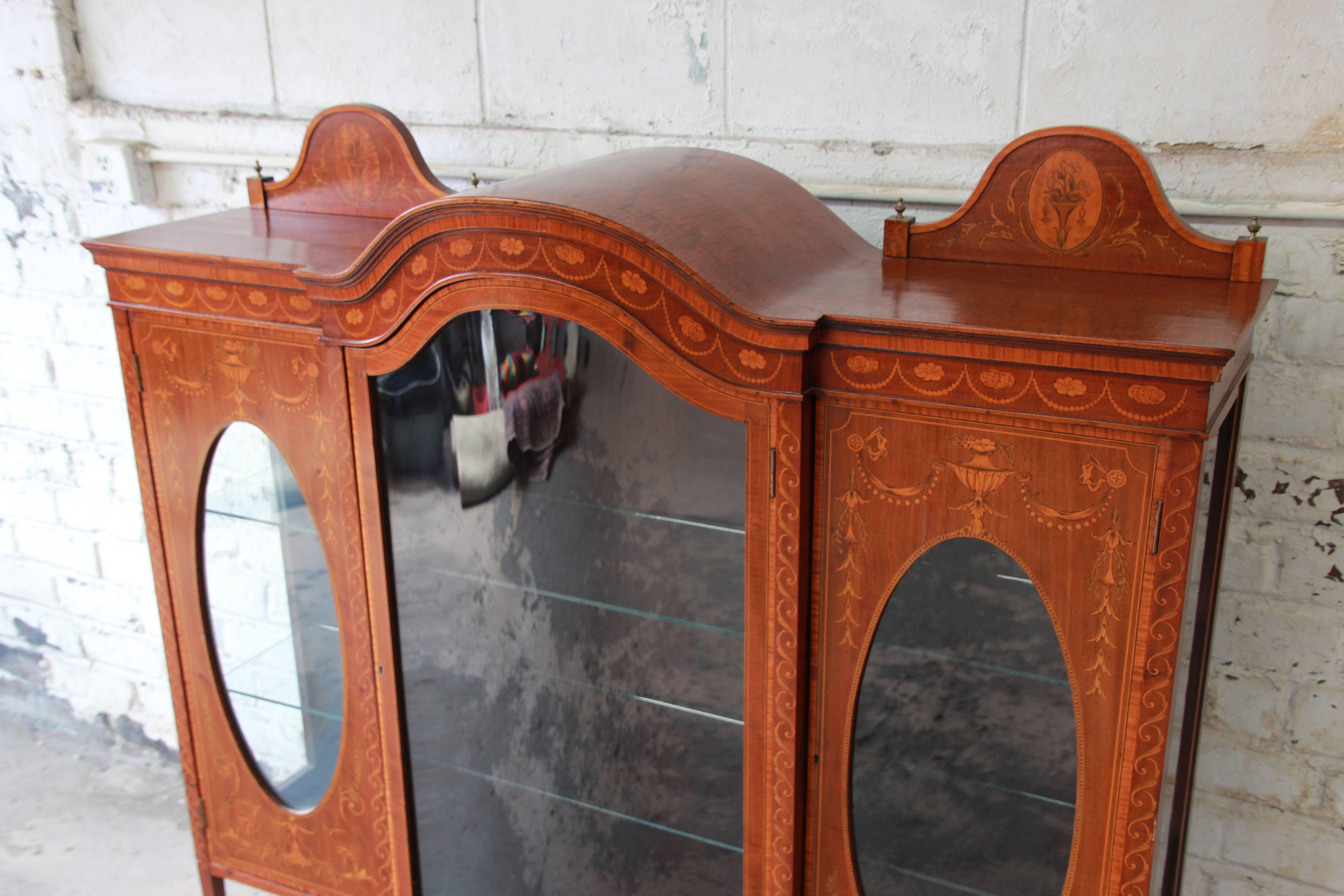 19th Century French Inlaid Mahogany Glass Front Bookcase or Display Cabinet In Good Condition In South Bend, IN