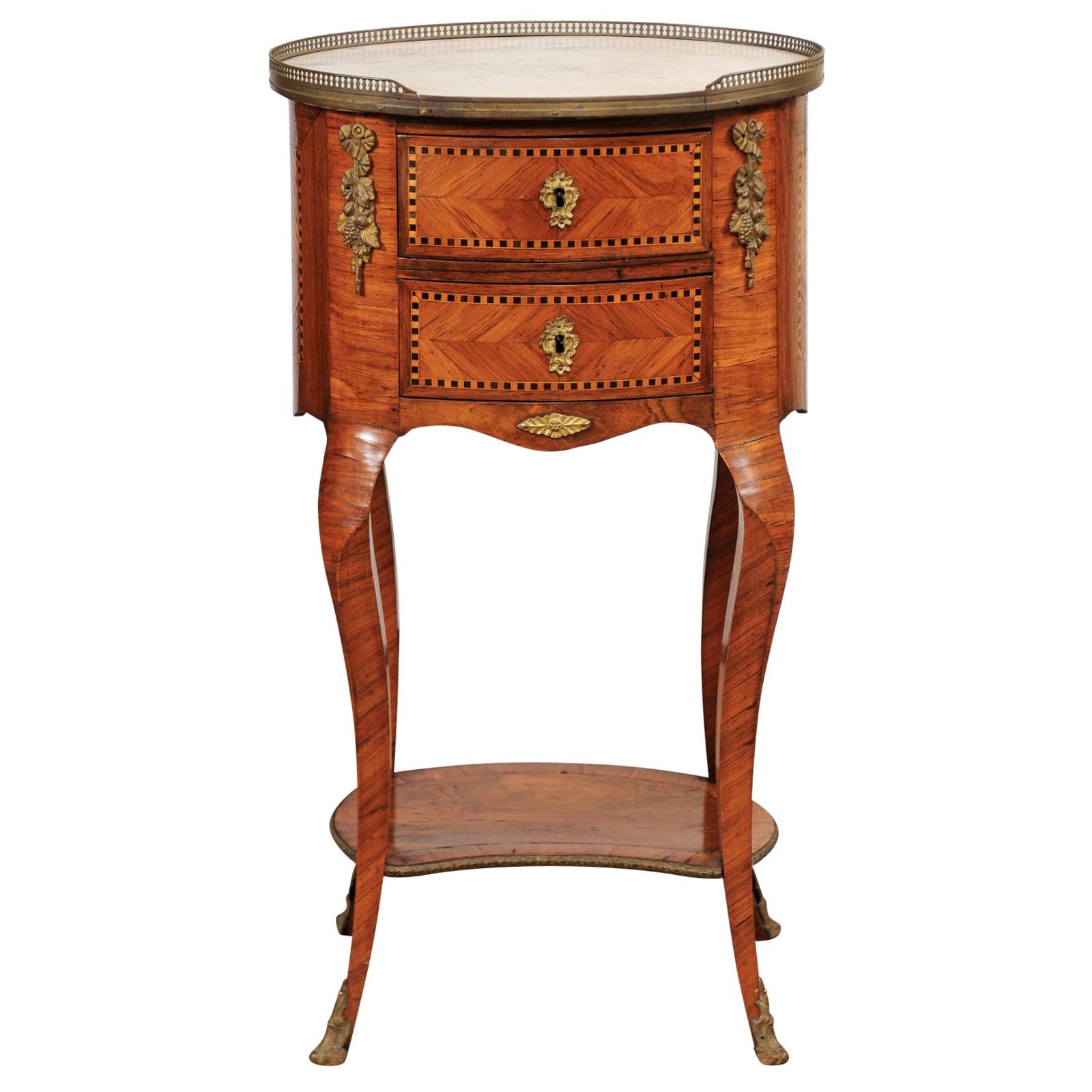 19th Century French Inlaid Tulipwood Chevet with Oval White Marble Top