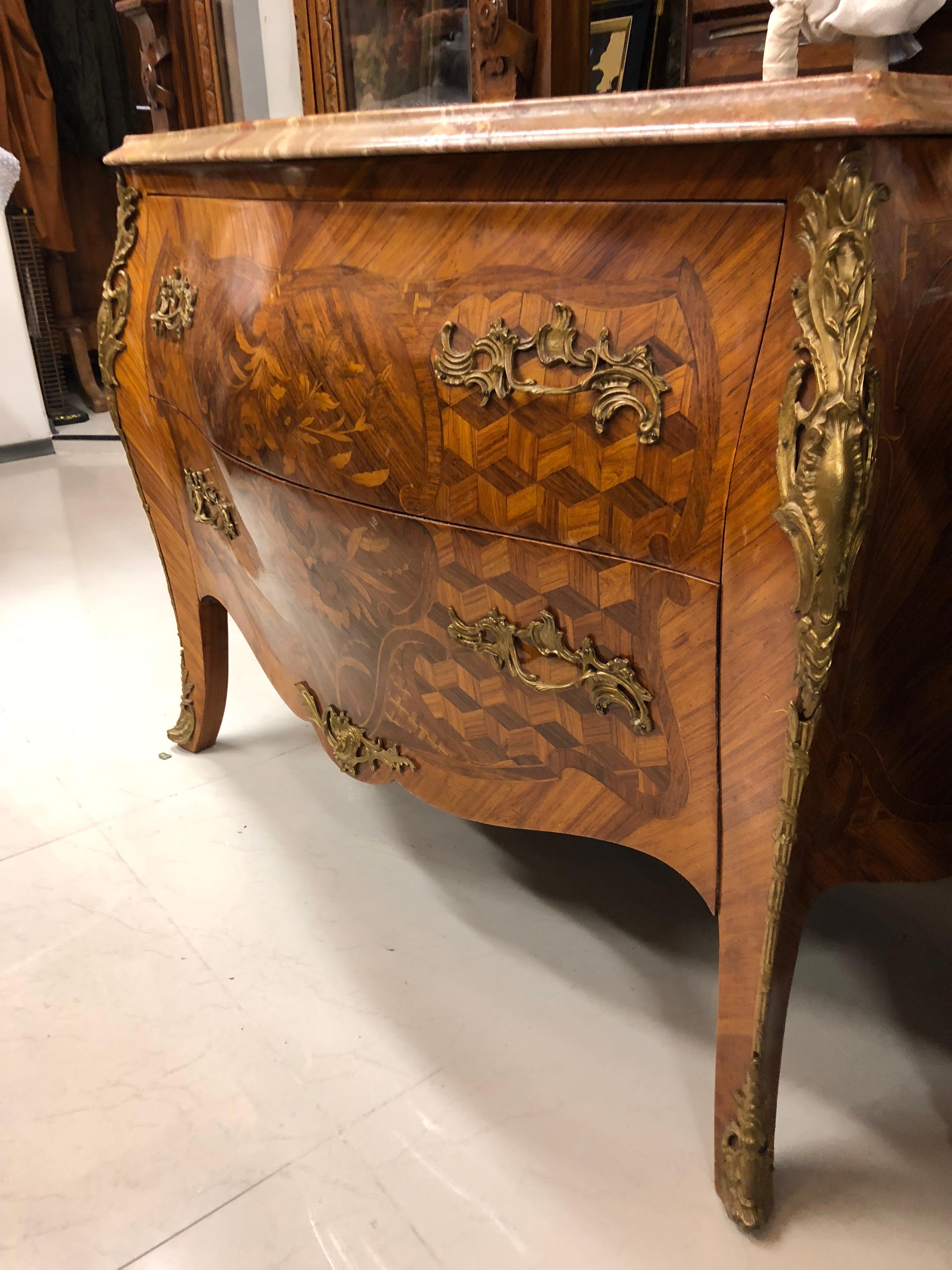 Inlay 19th Century French Inlaid Two Drawers Rosewood Commode in Louis XV Style For Sale