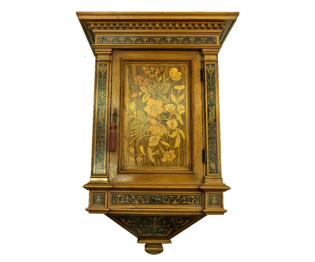 Hand-Carved 19th Century French Inlaid Wood Wall / Medicine Cabinet