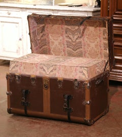 19th Century French Iron and Leather Travel Trunk with Inside Trays