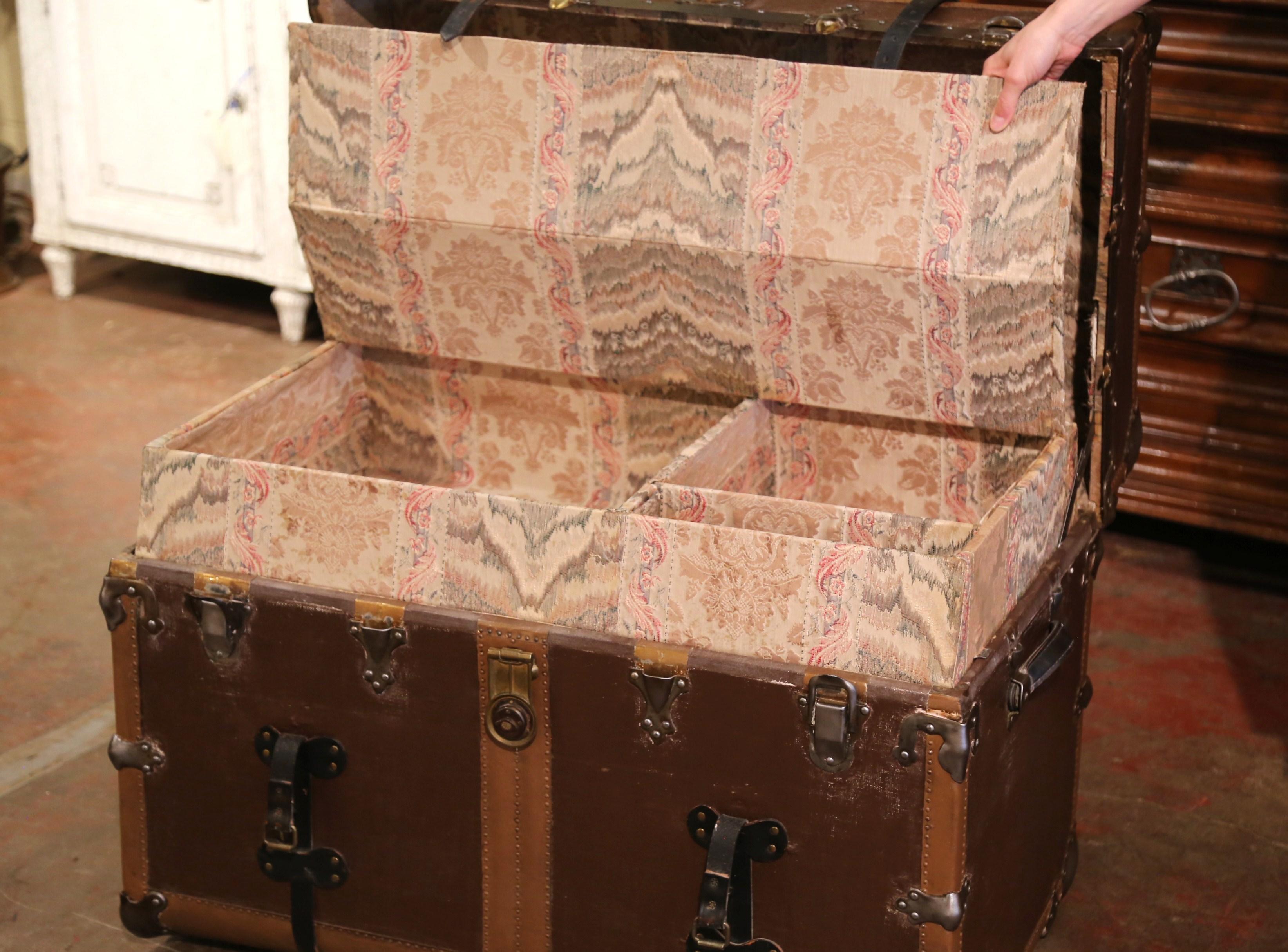 Hand-Crafted 19th Century French Iron and Leather Travel Trunk with Inside Trays