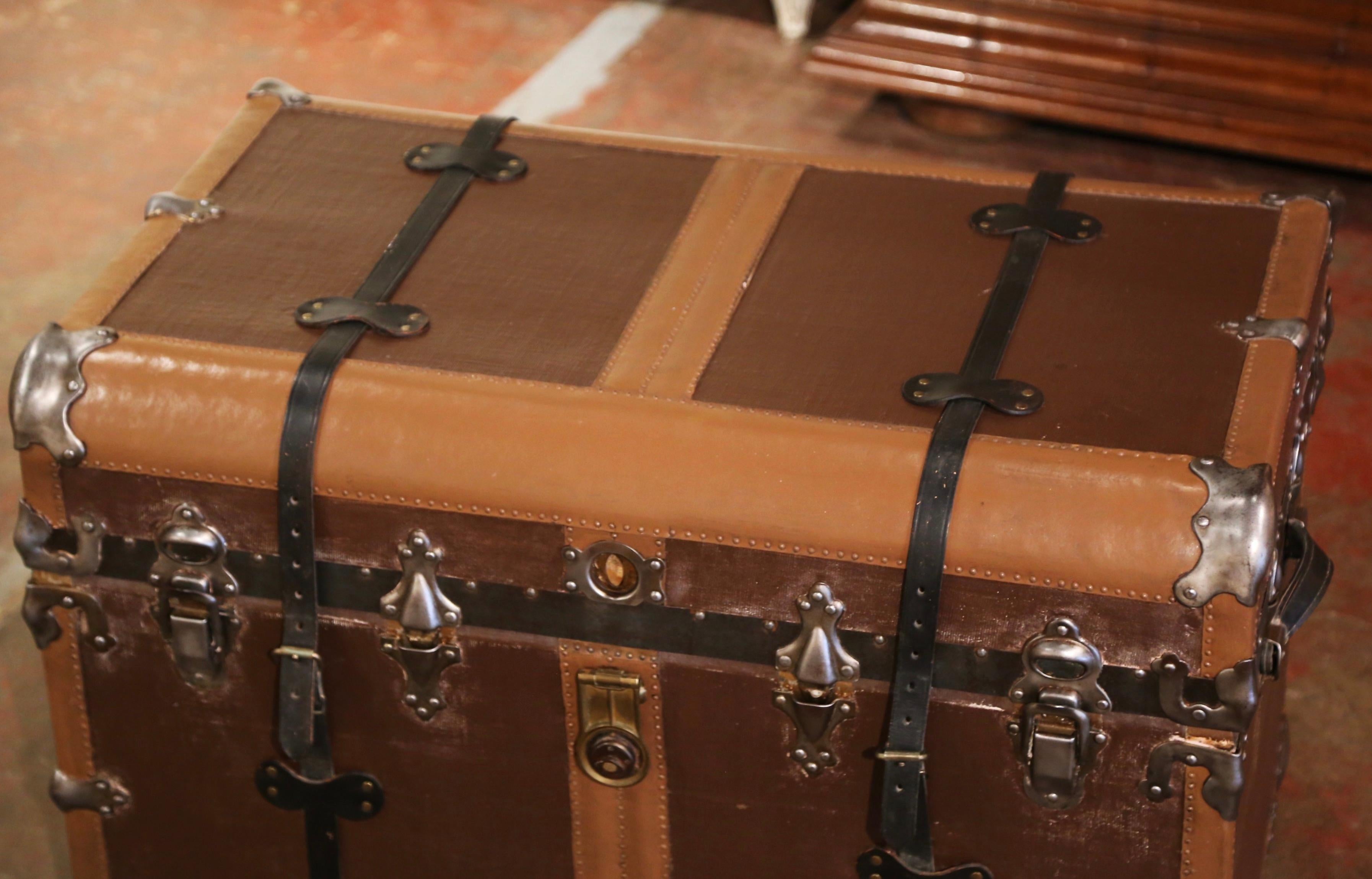 19th Century French Iron and Leather Travel Trunk with Inside Trays In Excellent Condition In Dallas, TX