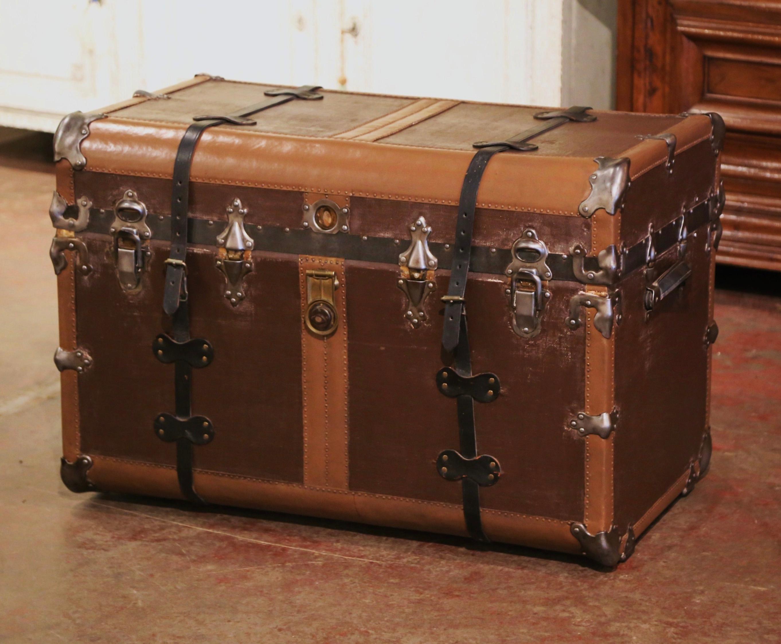Brass 19th Century French Iron and Leather Travel Trunk with Inside Trays