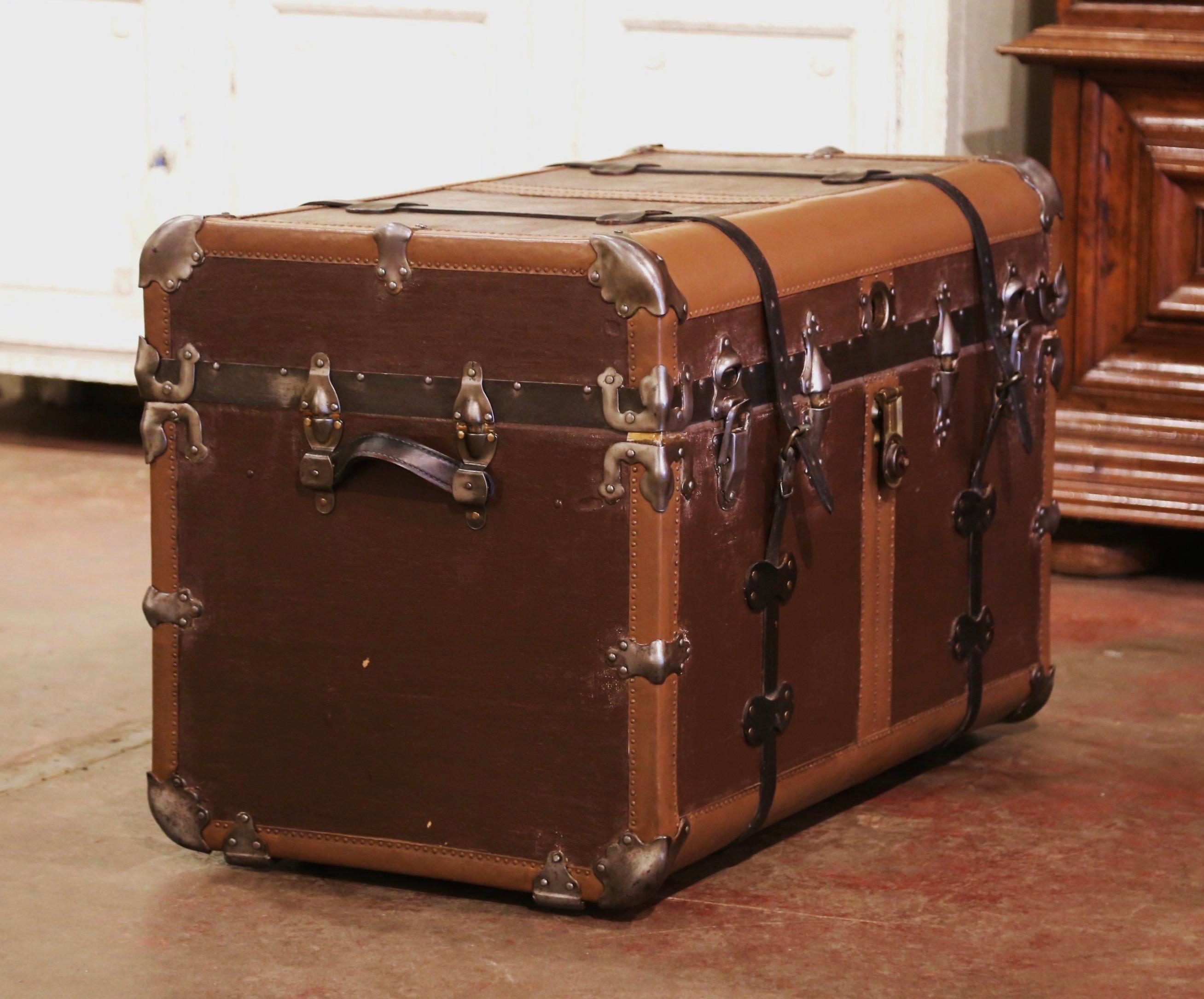 19th Century French Iron and Leather Travel Trunk with Inside Trays 3