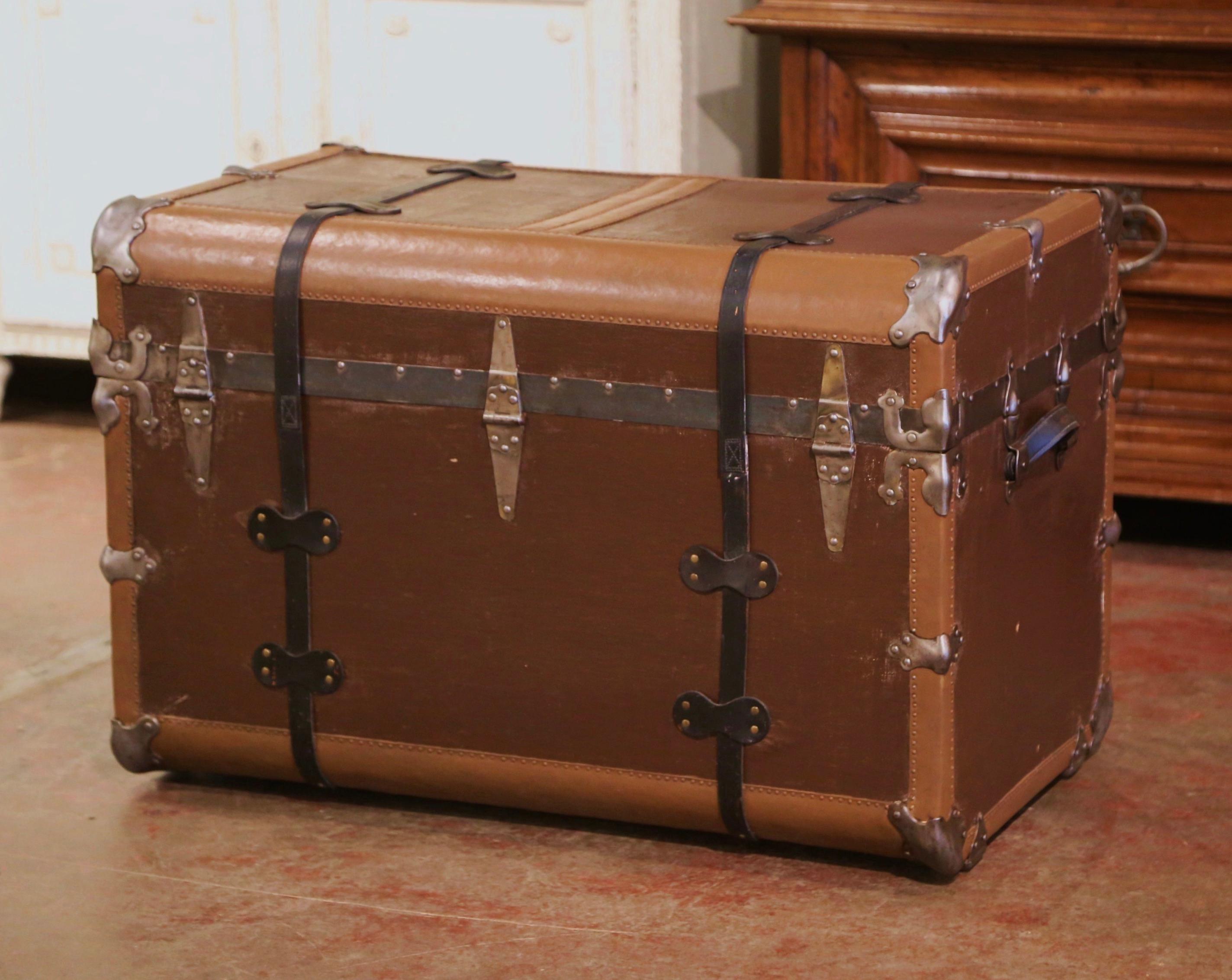 19th Century French Iron and Leather Travel Trunk with Inside Trays 4