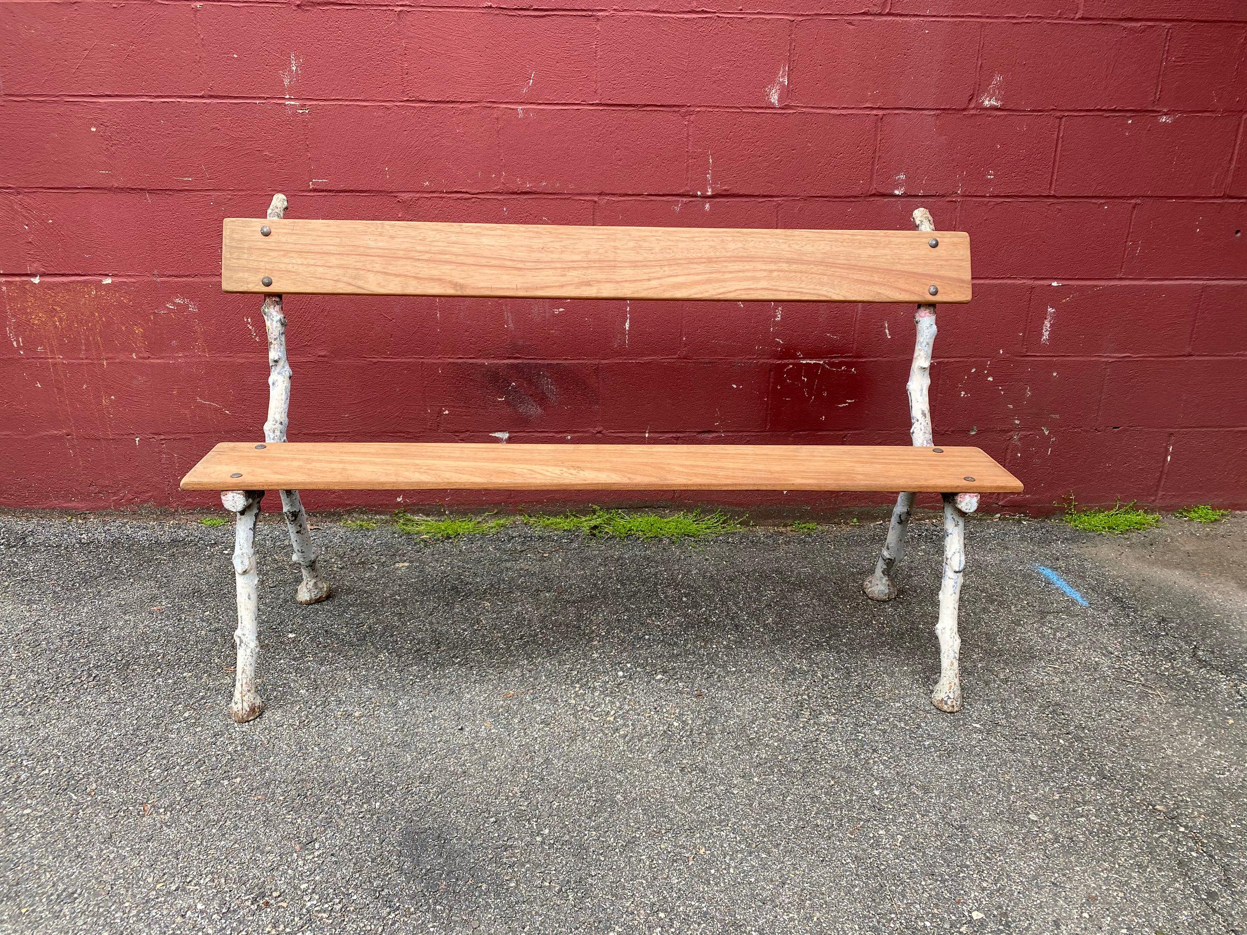 Art Nouveau French Cast Iron Garden Bench with New Mahogany Seat & Back For Sale