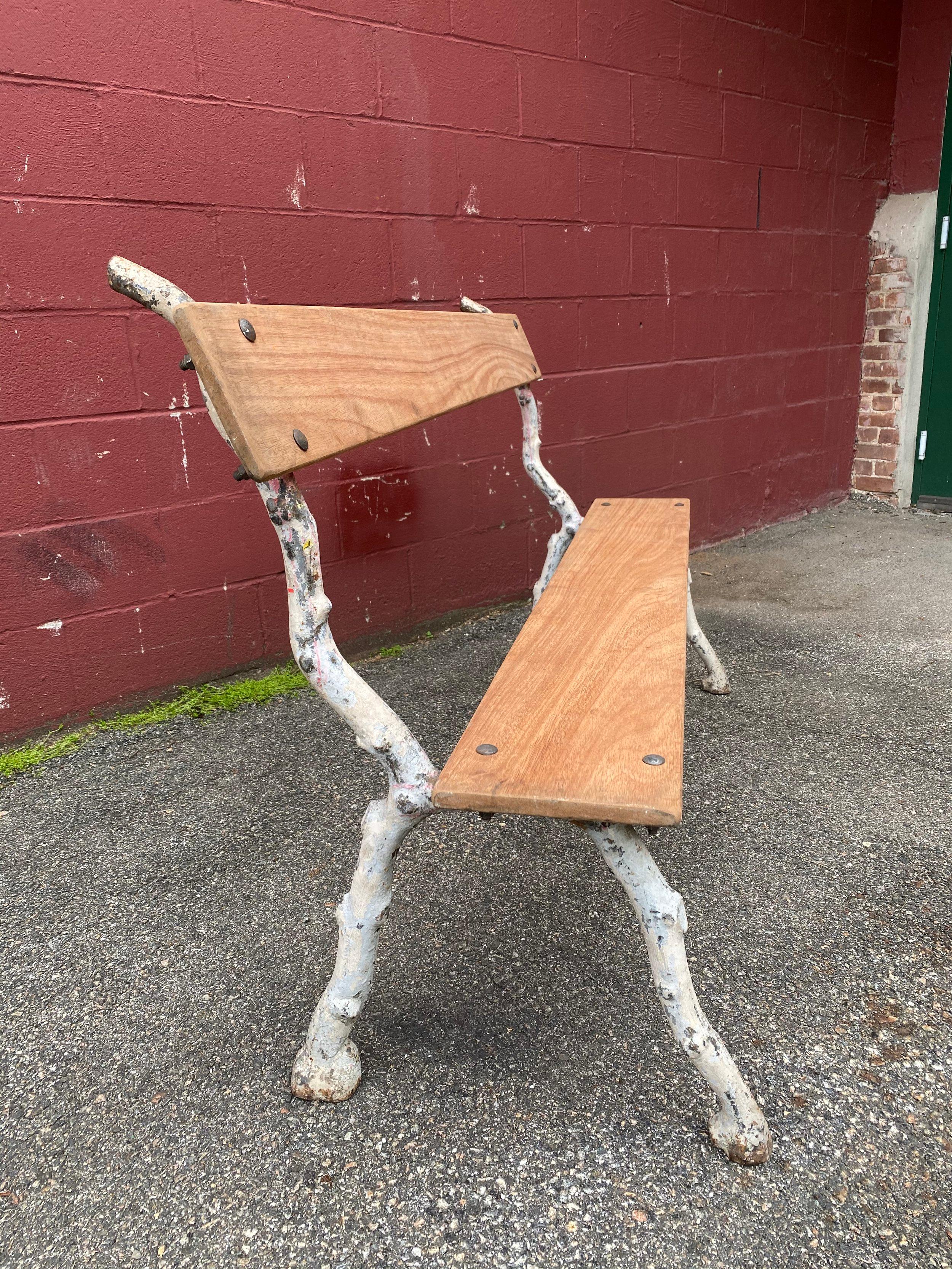 French Cast Iron Garden Bench with New Mahogany Seat & Back In Good Condition For Sale In Buchanan, NY