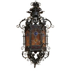 19th Century French Iron and Stained Glass Lantern