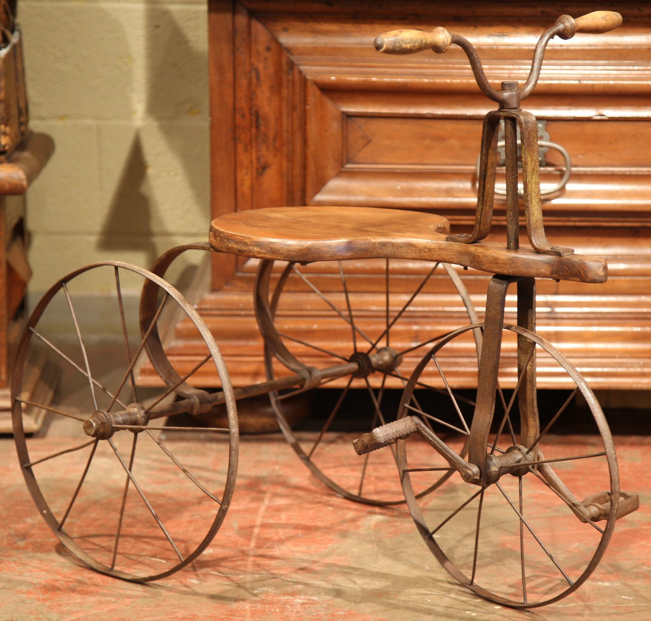 Hand-Carved 19th Century French Iron and Wood Child Tricycle
