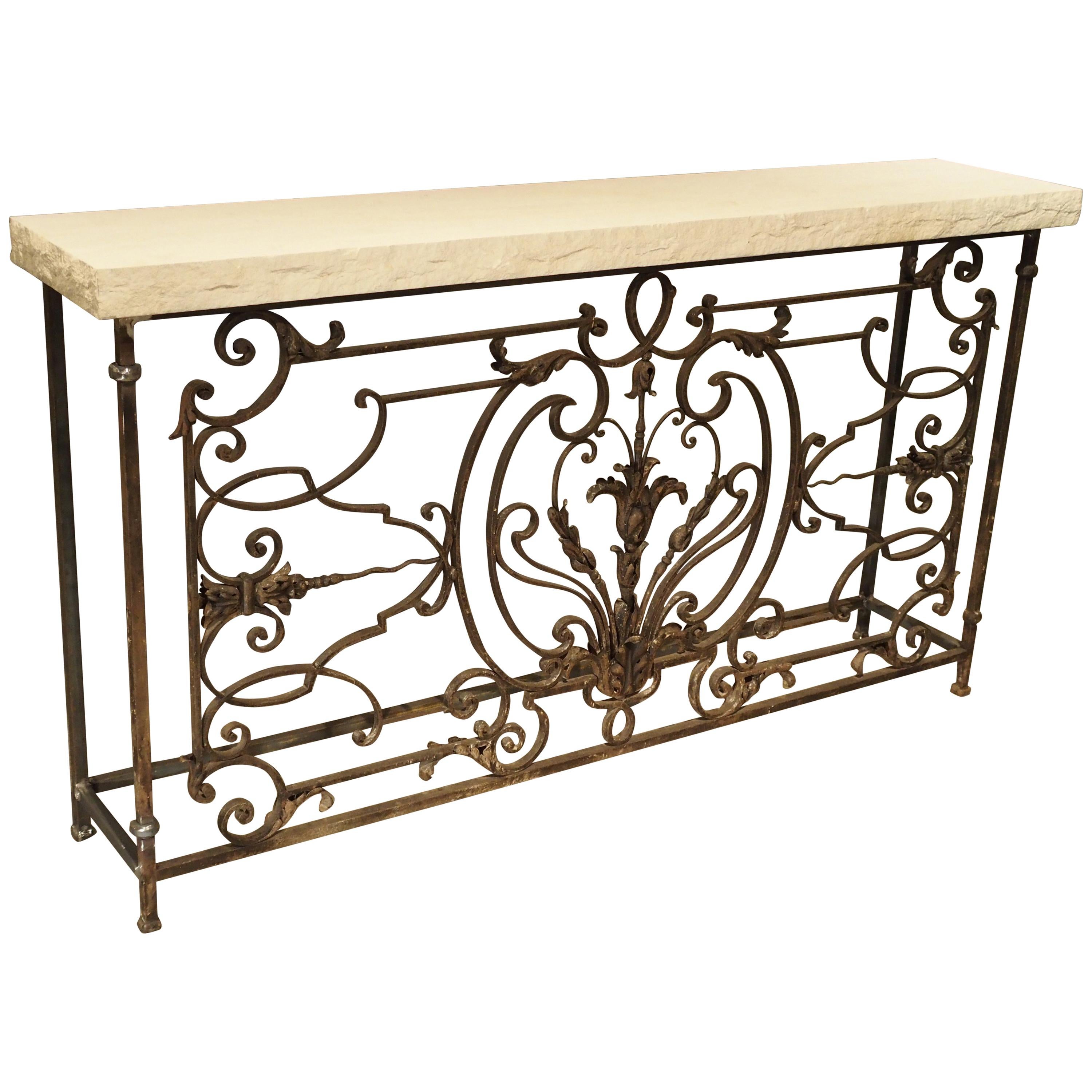 19th Century French Iron Balcony Console with Limestone Top
