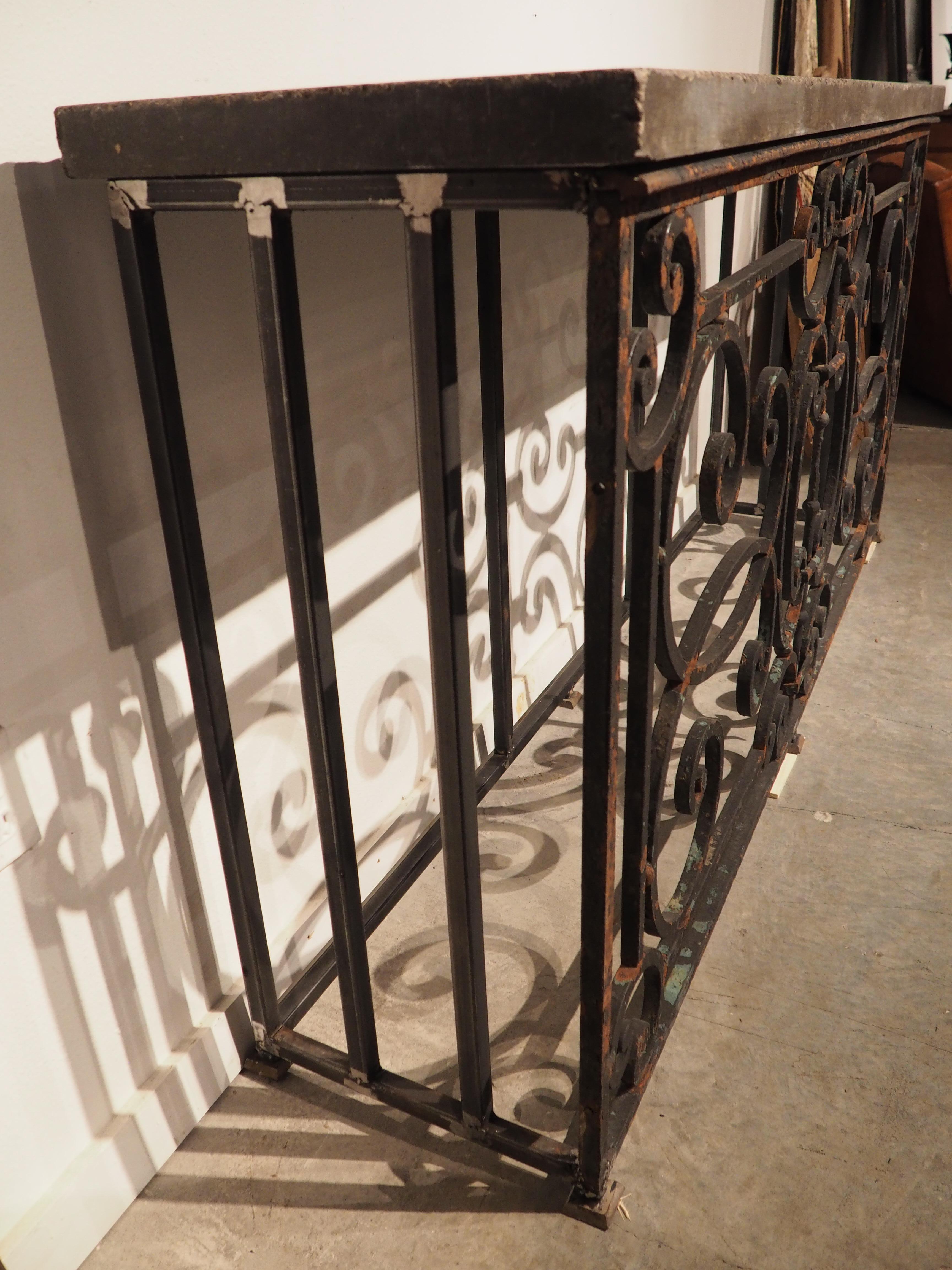 19th Century French Iron Balcony Gate Console Table with Belgian Bluestone 5