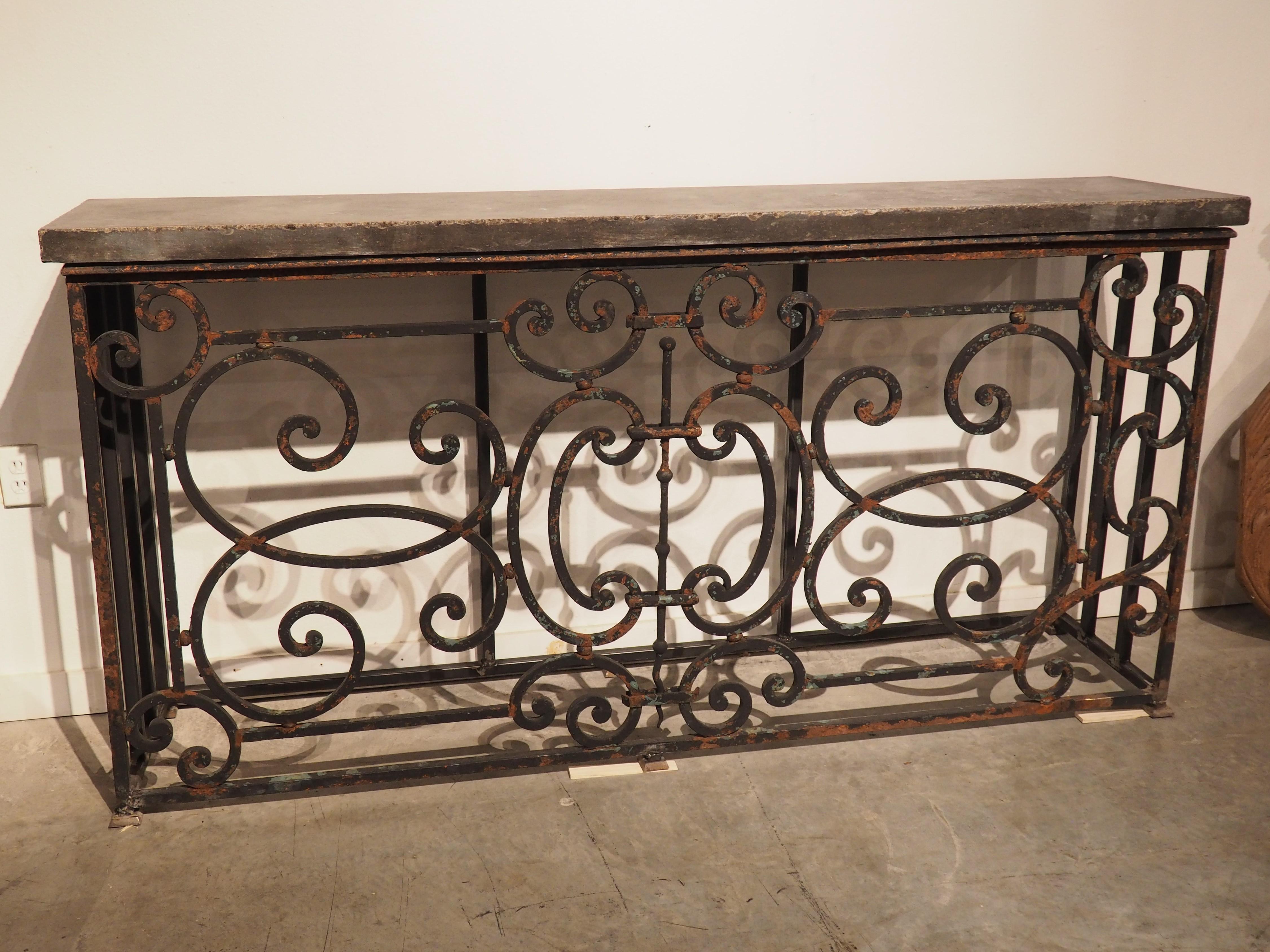 19th Century French Iron Balcony Gate Console Table with Belgian Bluestone 11