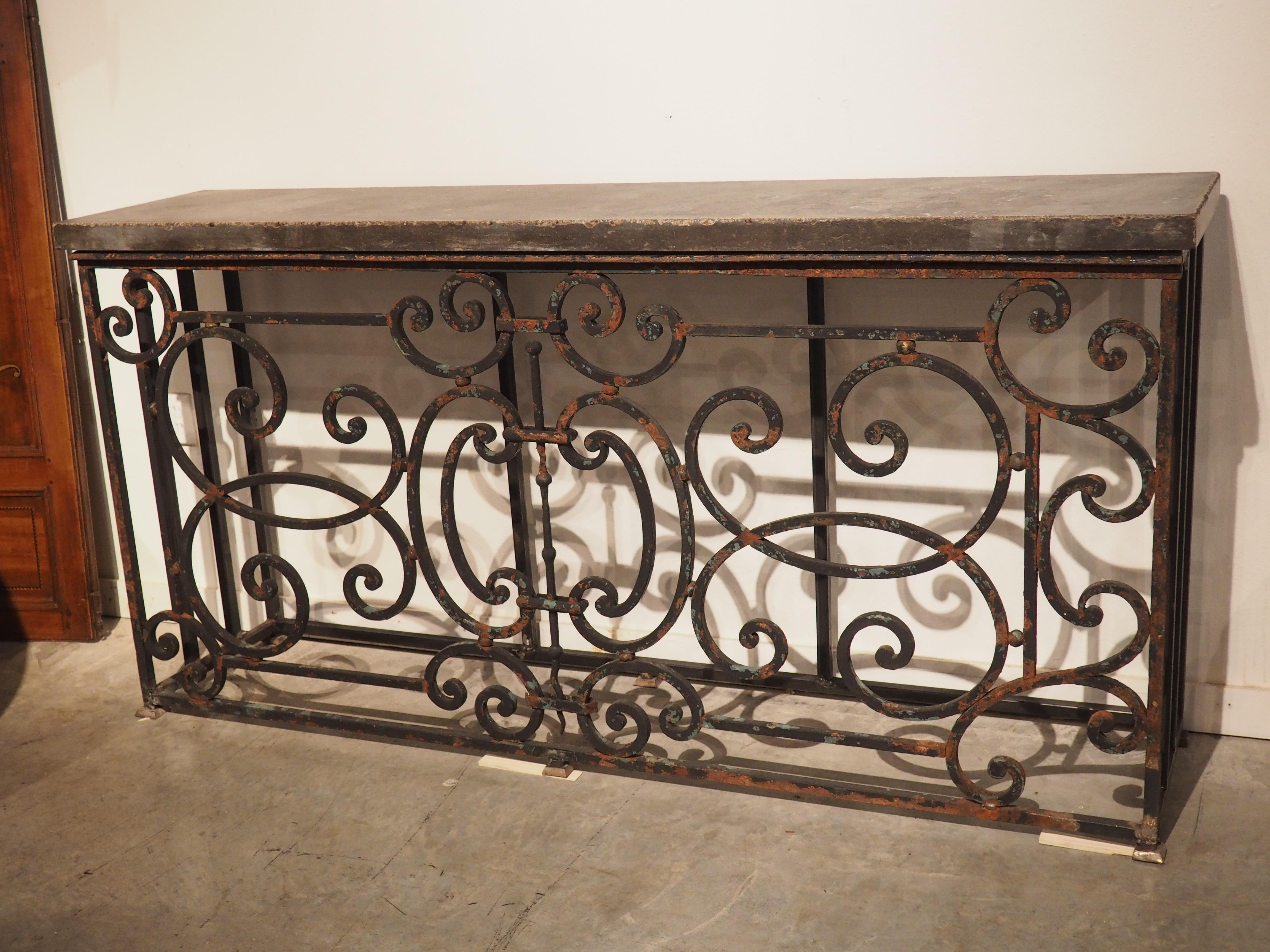 19th Century French Iron Balcony Gate Console Table with Belgian Bluestone 12