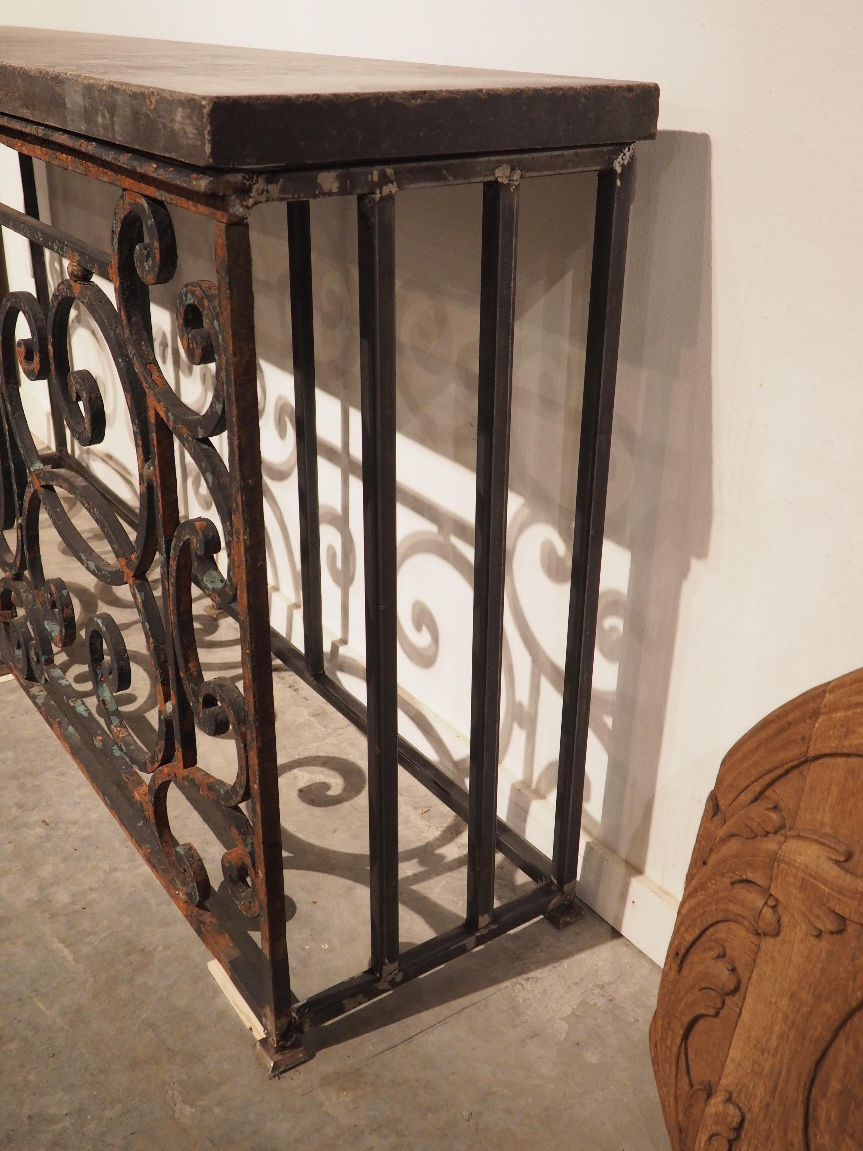 19th Century French Iron Balcony Gate Console Table with Belgian Bluestone In Good Condition In Dallas, TX