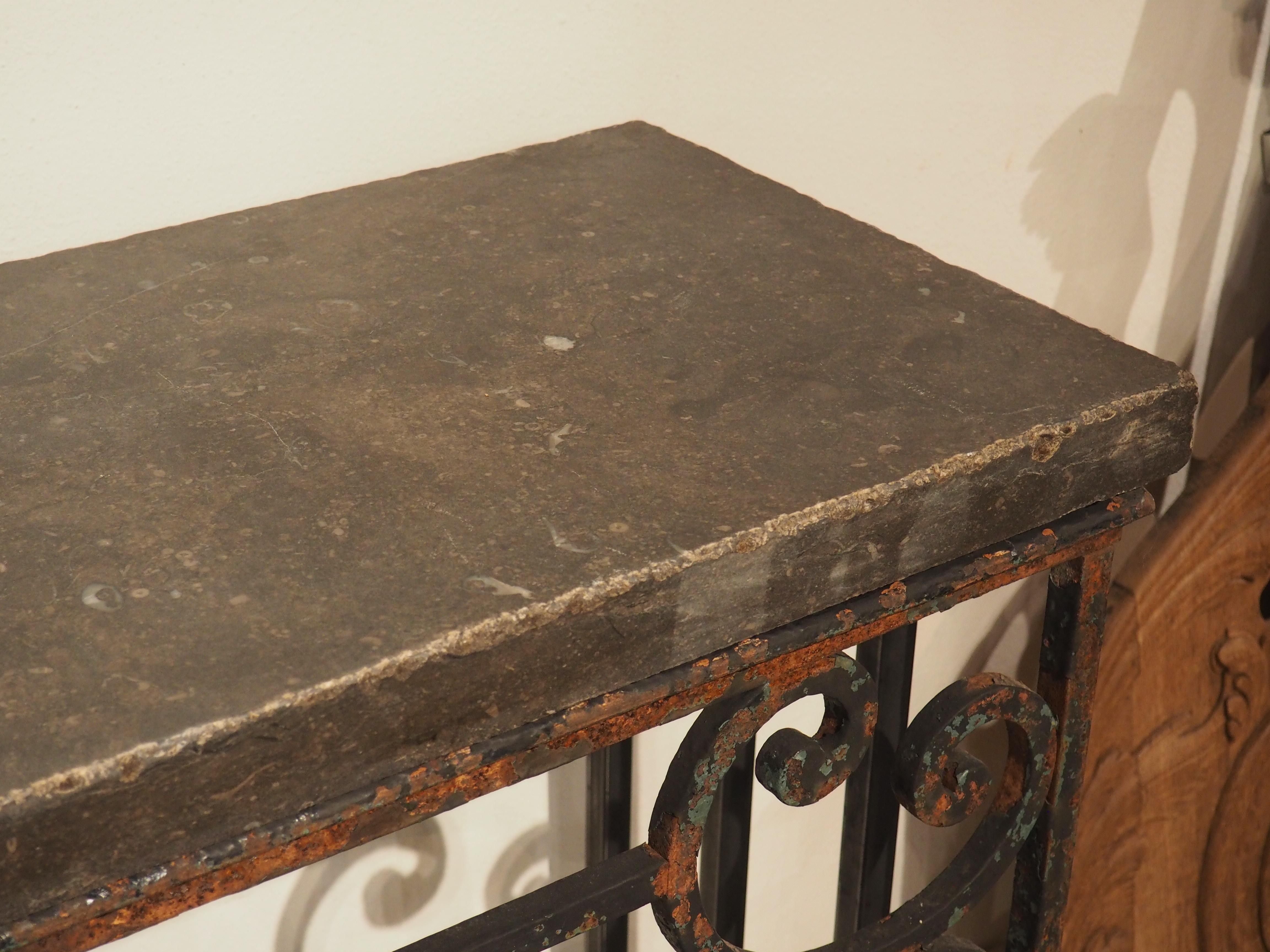 Stone 19th Century French Iron Balcony Gate Console Table with Belgian Bluestone